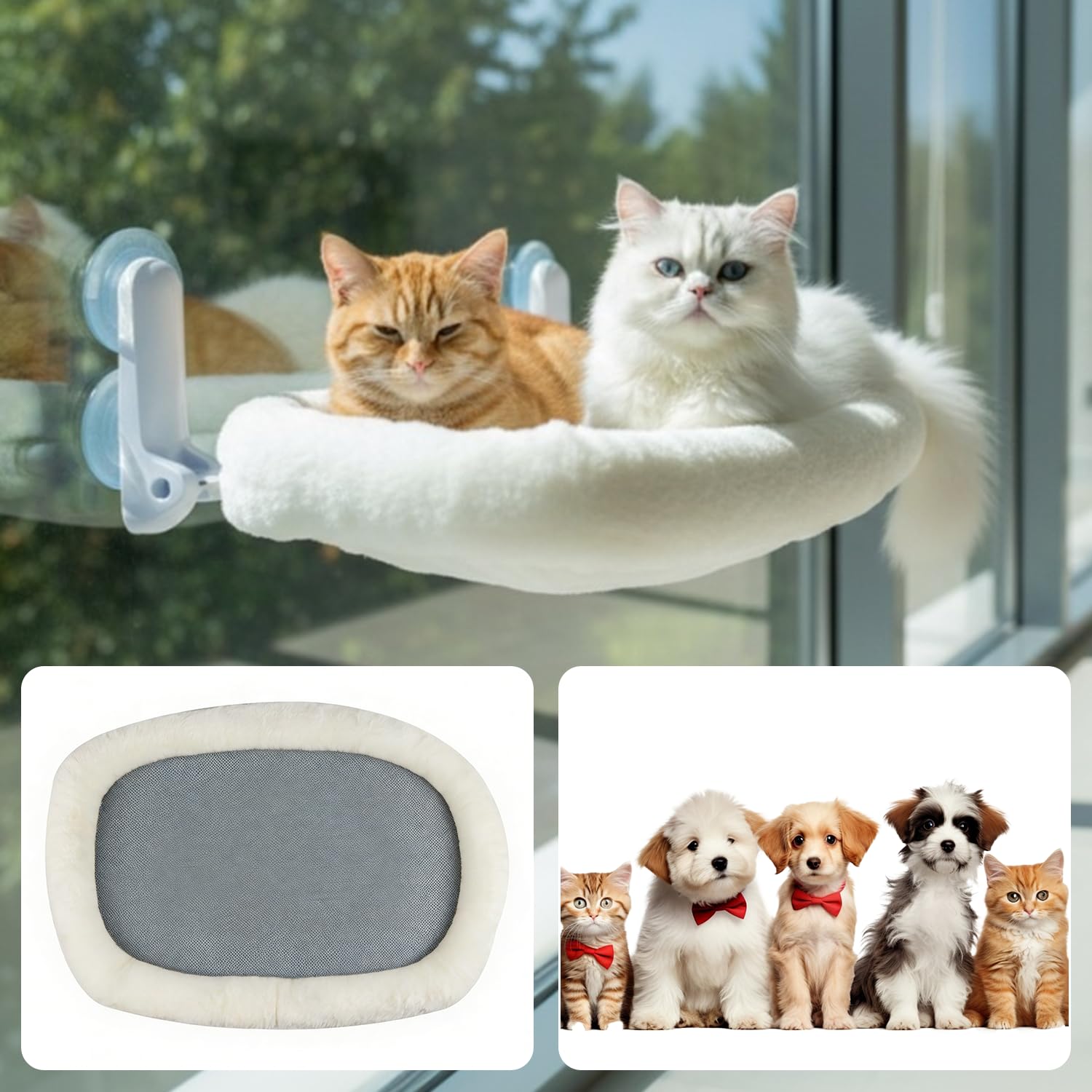 Katzen Fensterliege Hängematte mit Tierhaarentferner Handschuh, Katzen Hängematte mit Abnehmbarem 4-Seiten-Polster & Metallrahmen, Cat Hammock für Große Cat & Kätzchen (Weiß, Größe M)