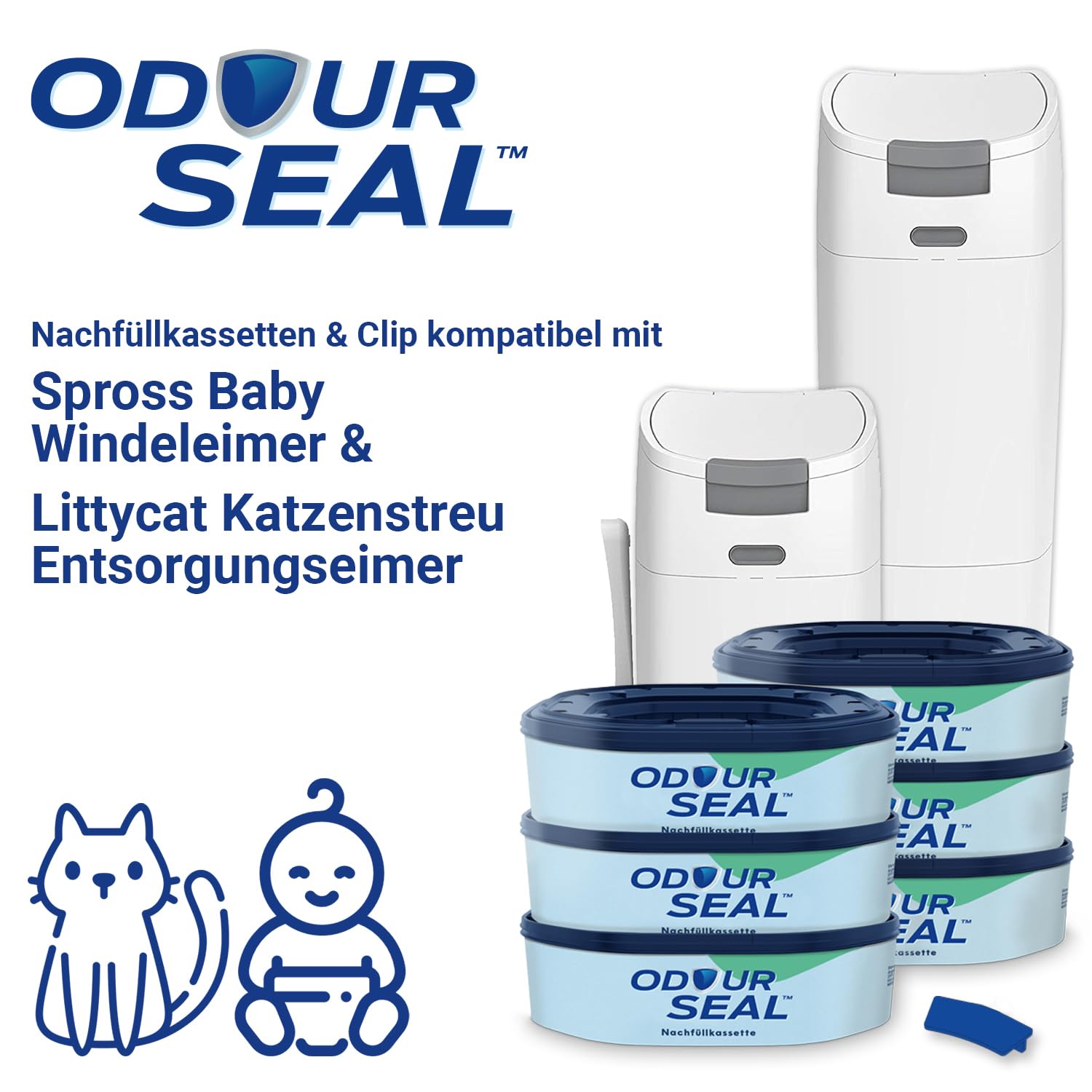 Set OdourSeal Nachfüllkassetten & Clip kompatibel mit Spross Windeleimer und Littycat Katzenstreu-Eimer