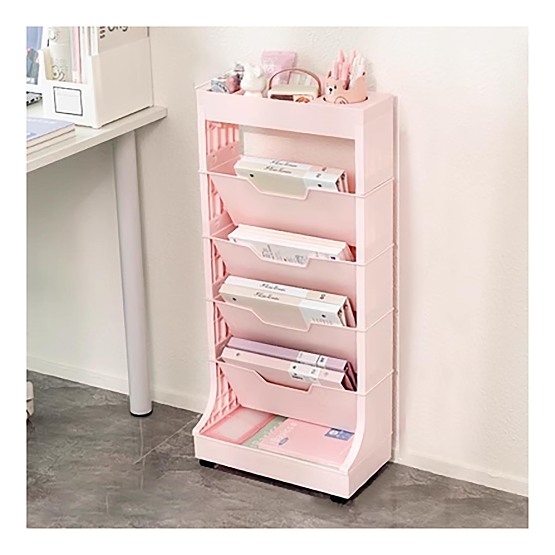 TUOYIBO Rolling Book Shelf Organizer Mobile Book Shelf Cart 6 Tier Movable Bookshelf Cart Desk Side Cart for Office Dorm Classroom,Yellow,5 Tier