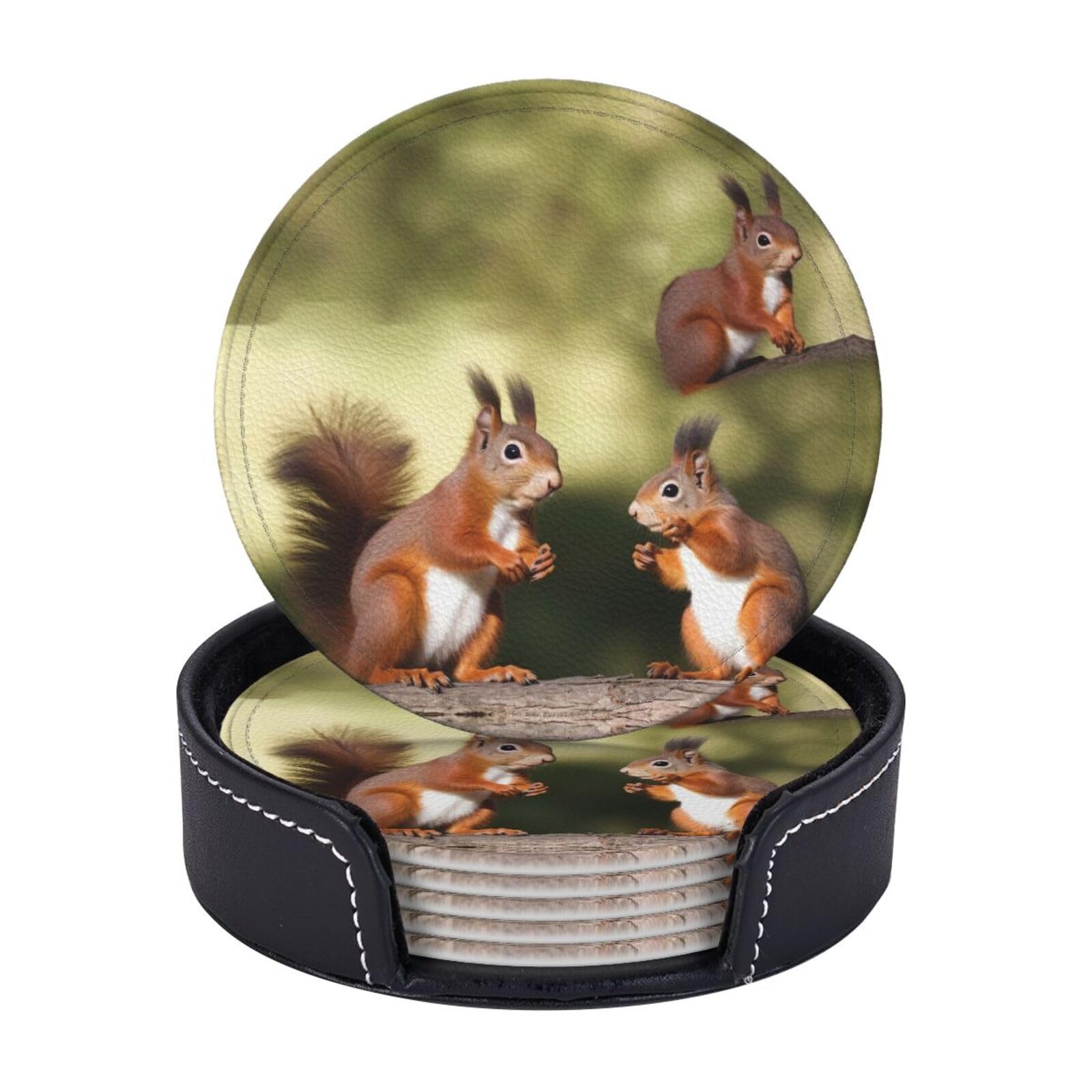 Round Coasters for Drinks Set of 6 - PU Leather Coasters with Holder - Modern Drink Coasters for Coffee Table - Cute Squirrels Coaster for Tabletop Protection 4" Cup Mat Pad