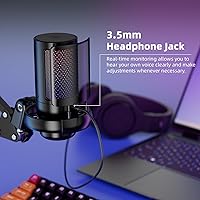Vista 5 de Micrófono USB para juegos para PC, kit de micrófono de podcast para transmisión, micrófono de condensador con silencio rápido, brazo articulado