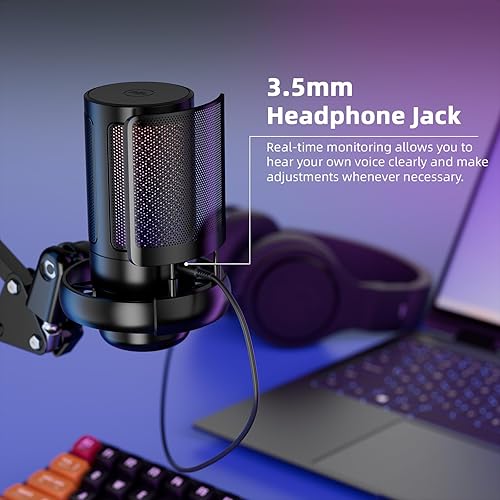 Miniatura 5 de Micrófono USB para juegos para PC, kit de micrófono de podcast para transmisión, micrófono de condensador con silencio rápido, brazo de auge, filtro