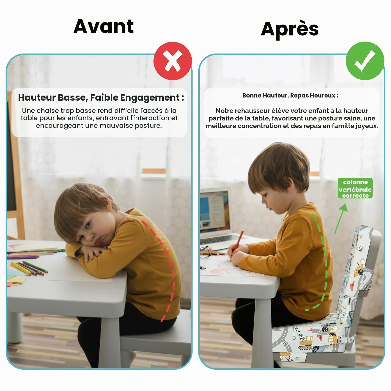 Rehausseur Chaise Enfant Bebe, Antidérapant Réhausseurs De Coussin Portable pour enfant avec Dossier et 3 Sangles de Sécurité Réglables, Lavable 36 x 32 x 10 cm - Pelles Mécaniques (Gris Clair)