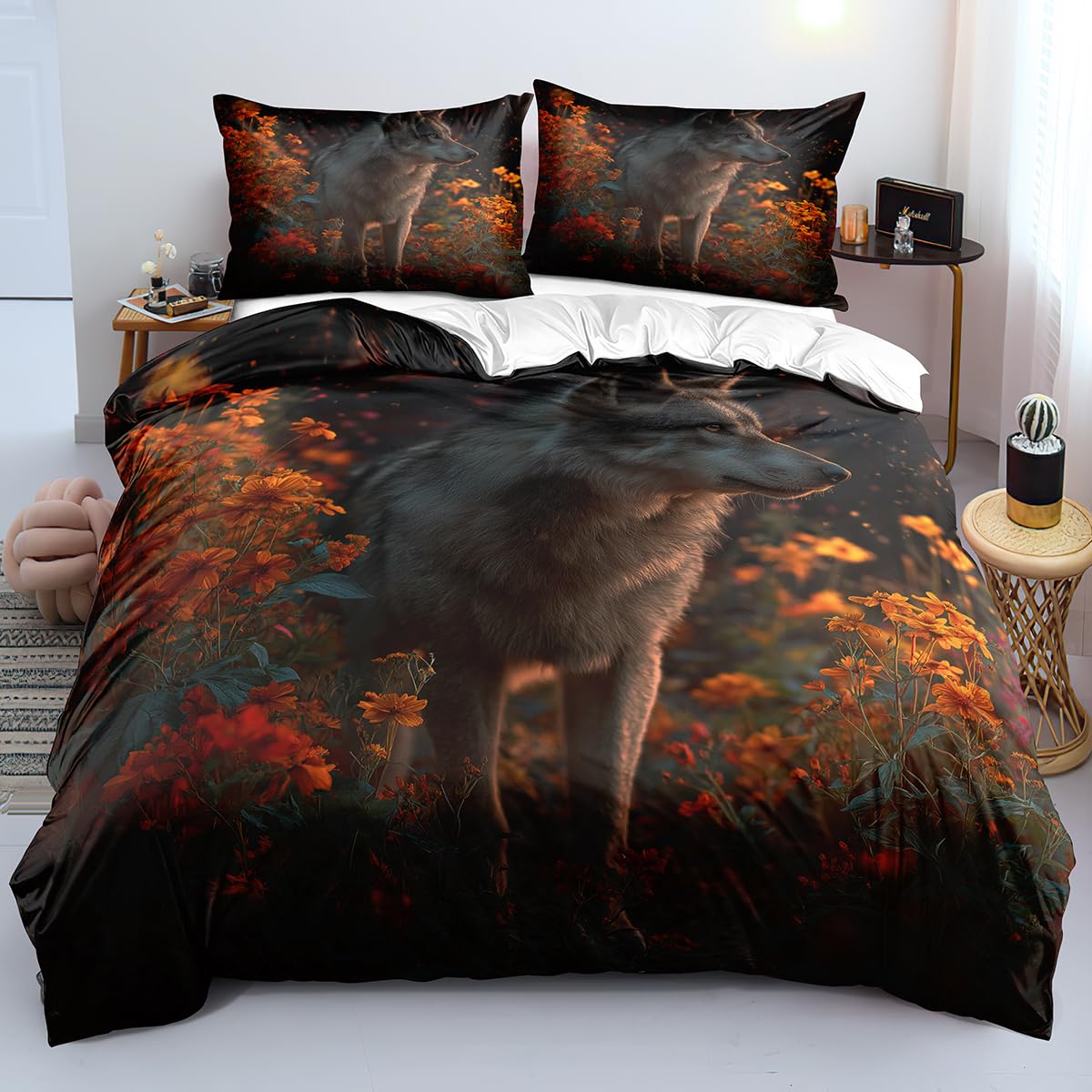 Housse de couette loup 260x240 parure de lit animaux 3D orange florale pour chambre enfant fille