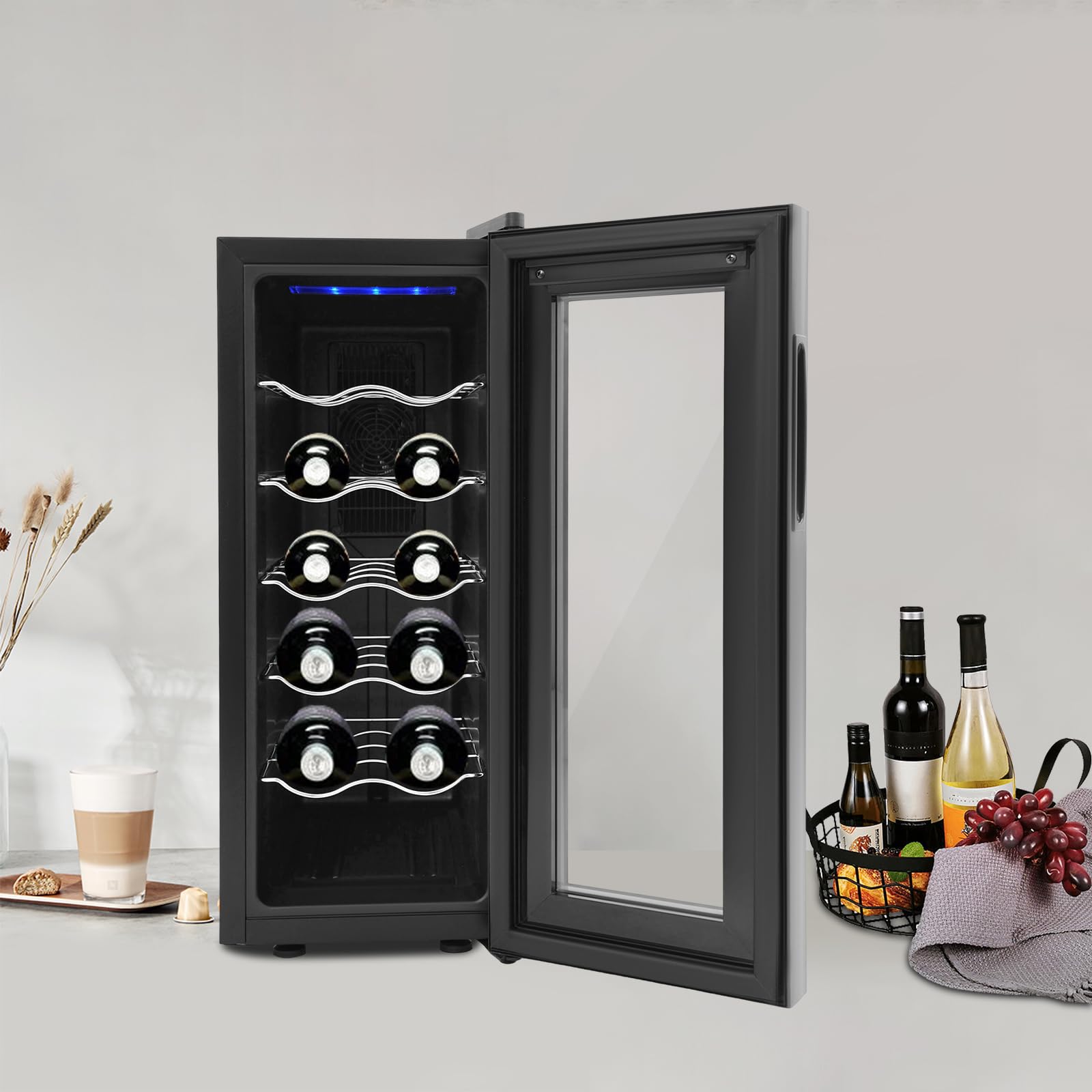 12 botellas de vino, gabinete climatizado, pantalla LED y panel táctil intuitivo, hay cinco estantes, familia, oficina, hotel, bar, club, rango de refrigeración del 55 % al 75 %