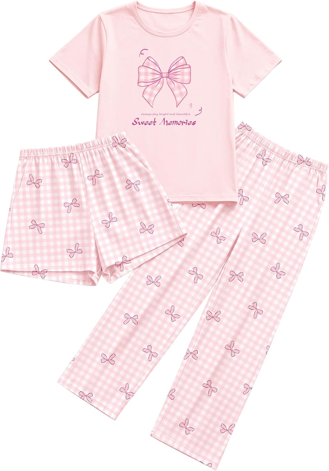 Schbbbta Girls Pajamas 3 Piece Short Sleeve Top Pants Shorts with Pockets