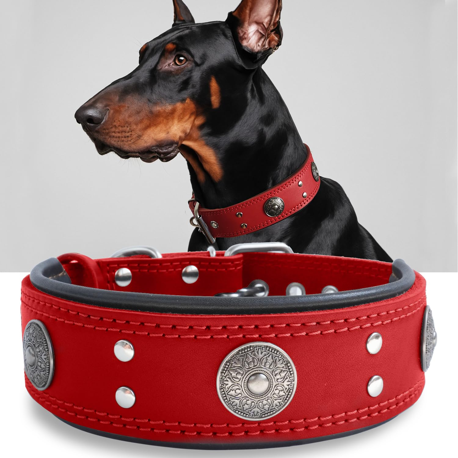 Hundehalsband Leder, 5 cm Breites Robustes Echtes Lederhalsband, Handgefertigt, Weich und Luxuriös, Auffällige Beste Wahl für Große und Mittelgroße Hunderassen, Rot L