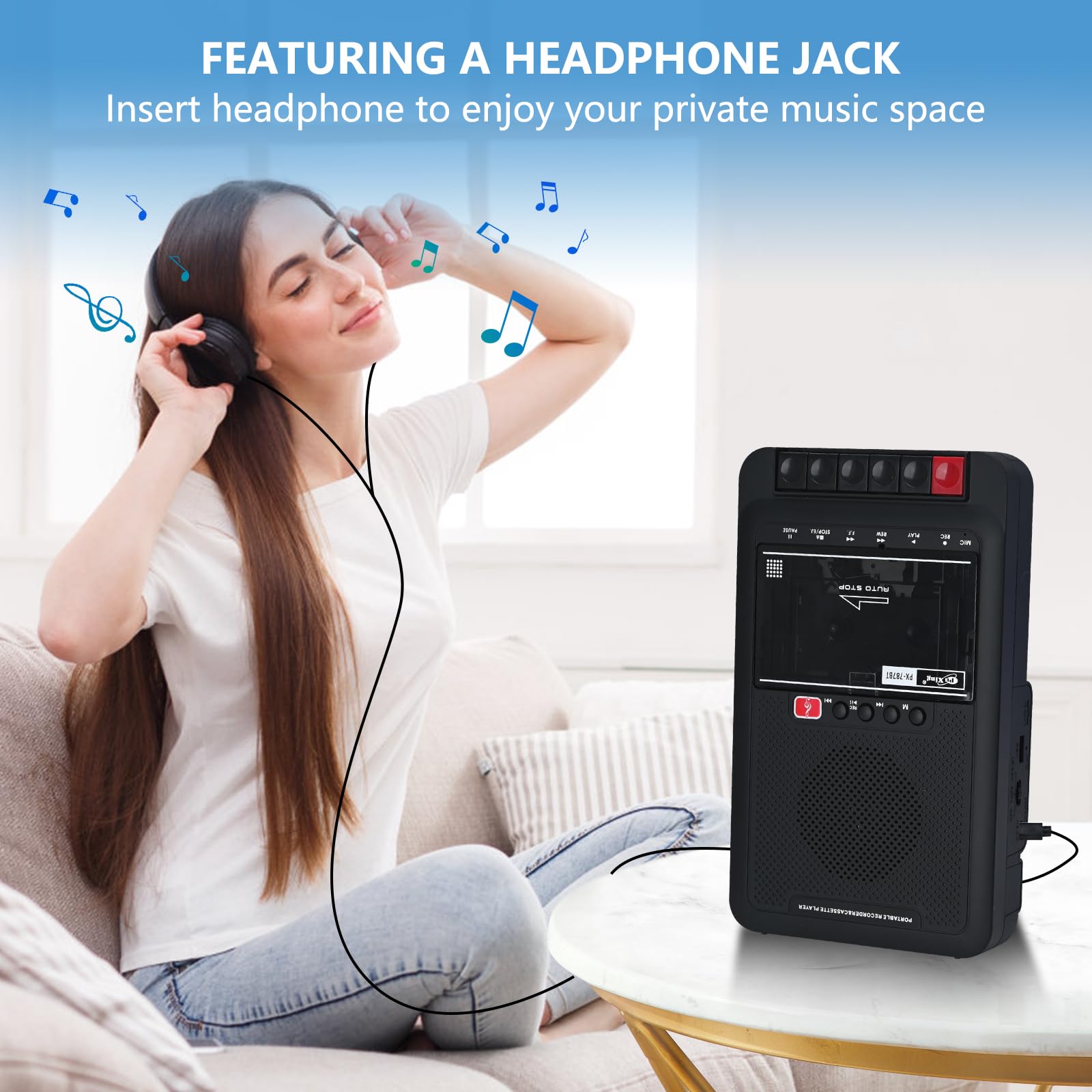 Boombox - Reproductor de casete portátil, retro, graba a casetes/USB/tarjeta TF a través de micrófono, reproductor de cinta de casete con conector para auriculares, calidad de sonido HiFi, portátil de