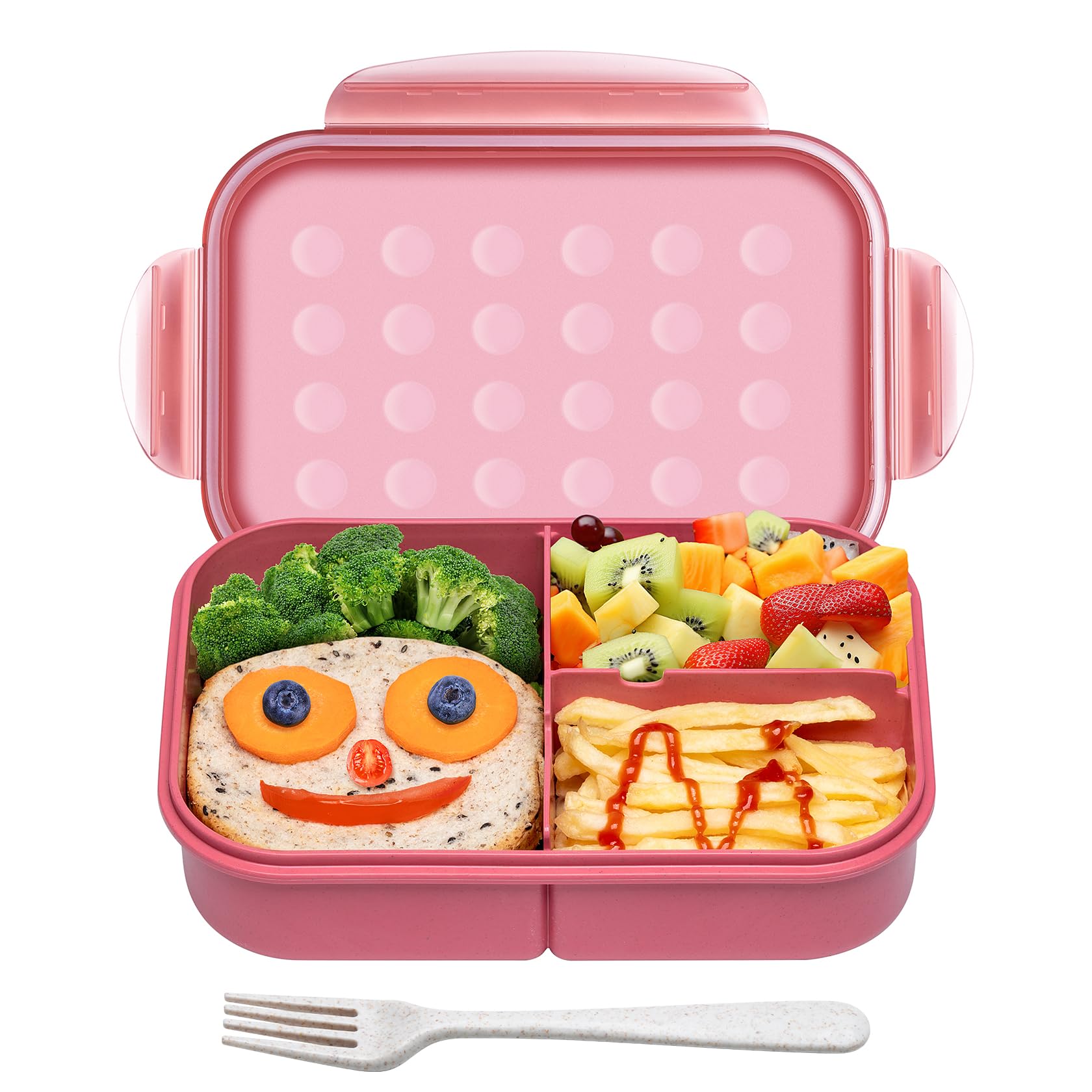 Bento Box for Kids & Adults, Leakproof 3-Compartment Lunch Box, BPA-Free Wheat Straw Material, Microwave & Dishwasher Safe, 5.5 Cup (Muted Red)