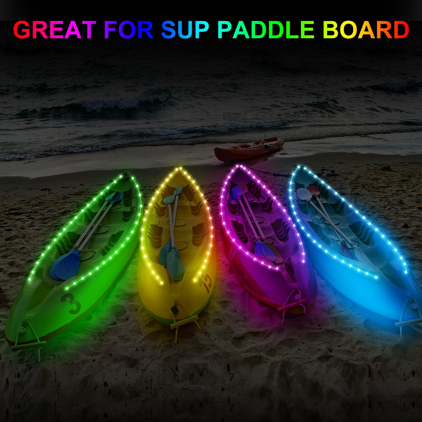 Glooglitter Kit de luces para tabla de remo de kayak de 22 pies, IP68, impermeables, luces brillantes de color SUP con control remoto, luces de kayak alimentadas por batería para kayak nocturno,