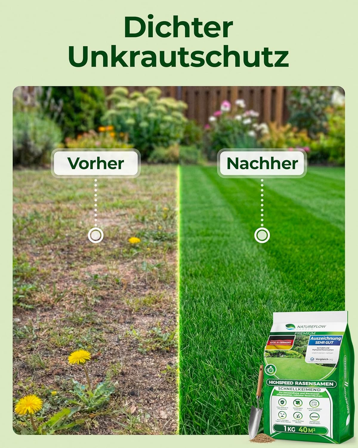 Rasensamen schnellkeimend Sommer 1kg – TEST SEHR GUT – Grassamen schnellkeimend Rasen Nachsaat Made in Germany – Rasensaat 40qm - Rasensamen Sommer Samen von Natureflow