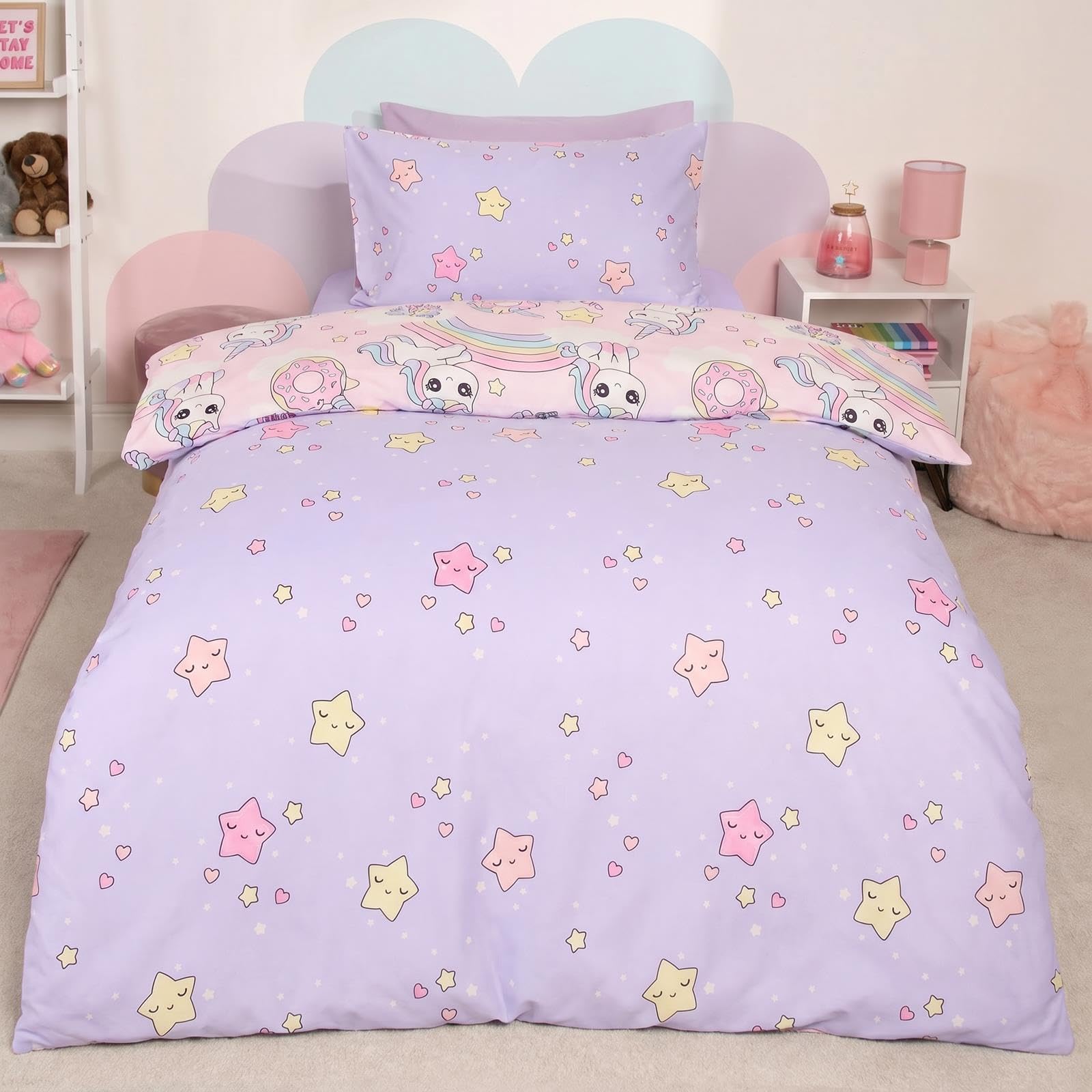 OHS Unicorn Sticker Duvet Single Kids Girls Bedding Duvet Cover Set, Pink