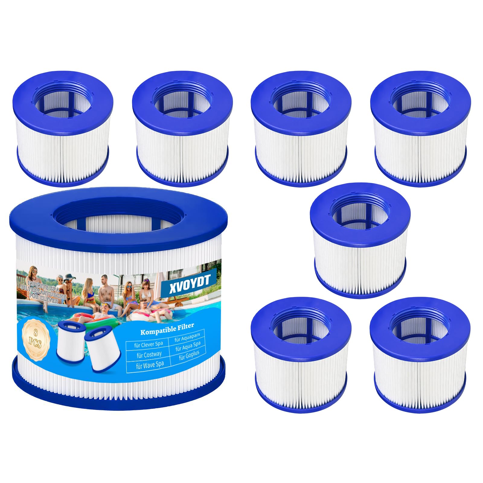 Lot de 8 Filtre de Spa a Visser, Cartouche filtrante pour Clever Spa, Filtre 75 x 100 mm, Filtre à Vis pour Spa Gonflable Pas De Vis 60mm, pour Cosy Spa
