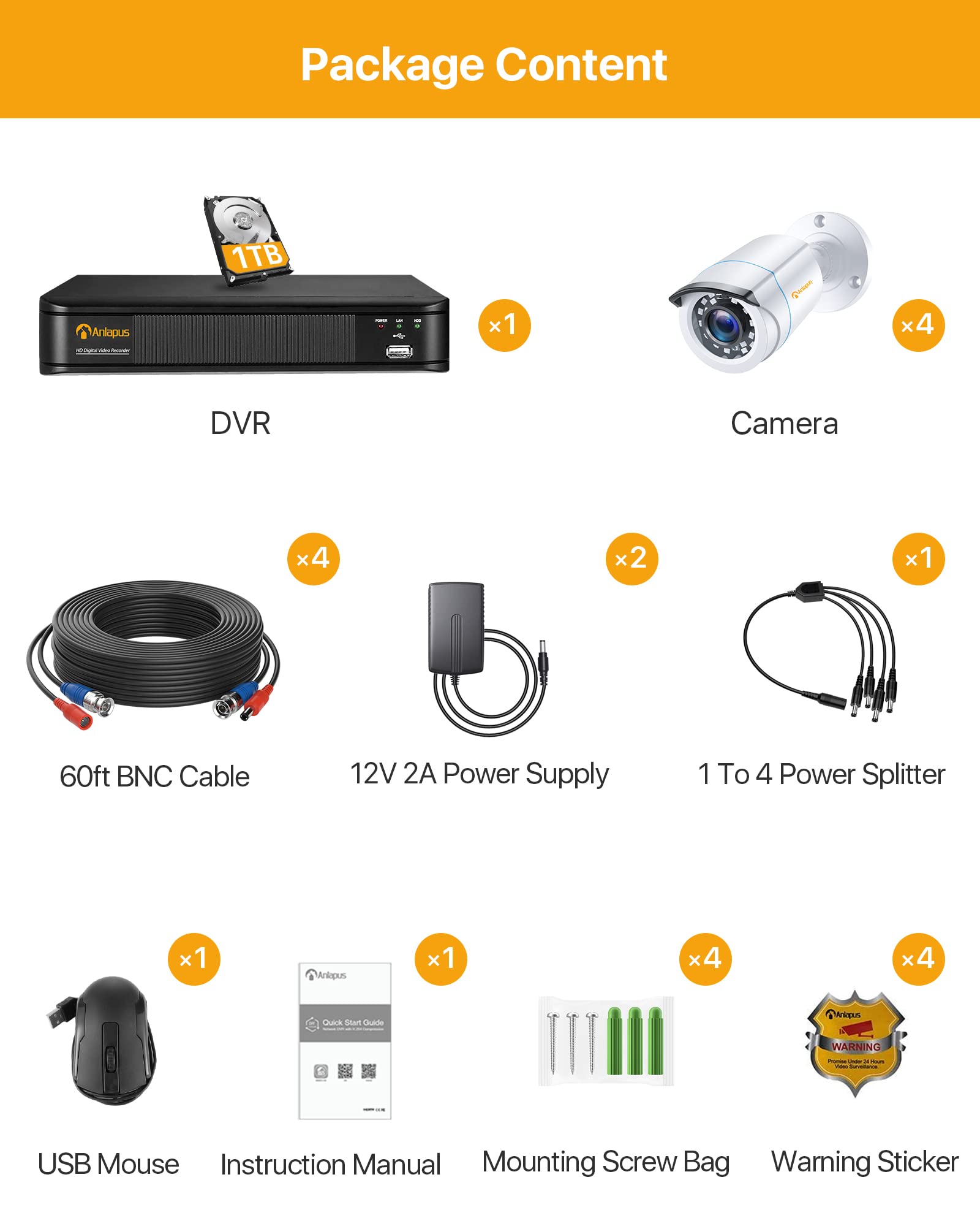 Anlapus DVR Kit Videosorveglianza Sistemi Videocamera 8 Canali 1080P H.265+ TVI DVR 4 Telecamere di Sorveglianza Esterno, 1TB HDD, IR Visione Notturna, P2P