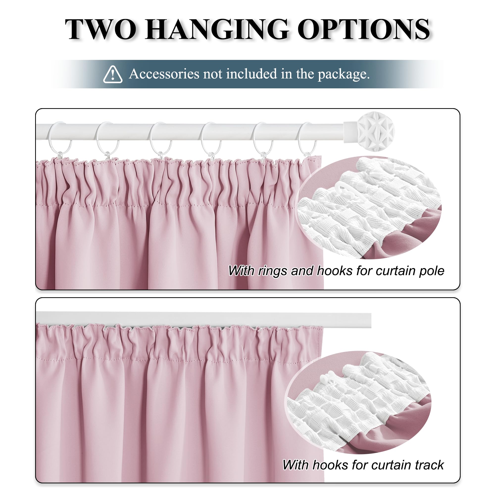 PONY DANCE Pink Thermal Pencil Pleat Curtains for Girls Bedroom 54 Inch Drop Kids Blackout Curtains Extra Wide Curtains for Nursery with Hooks for Track 2 Panels - Image 4