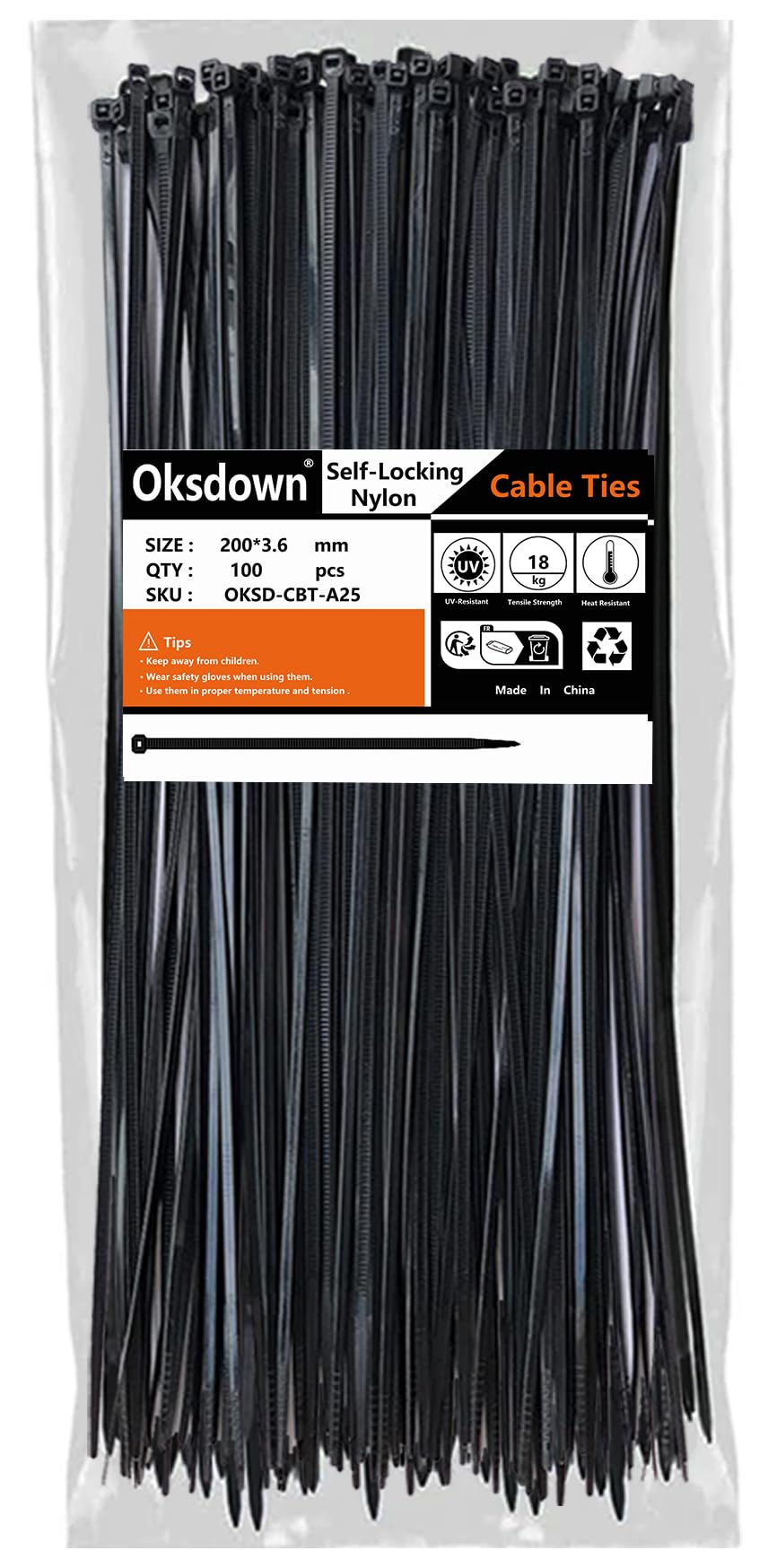 Oksdown Black 100 Pack Plastic Cable Ties 200Mm×3.6Mm Heavy Duty Strong Nylon Premium Self Locking 8 Inch/20 Cm Long Zip Tie Wraps
