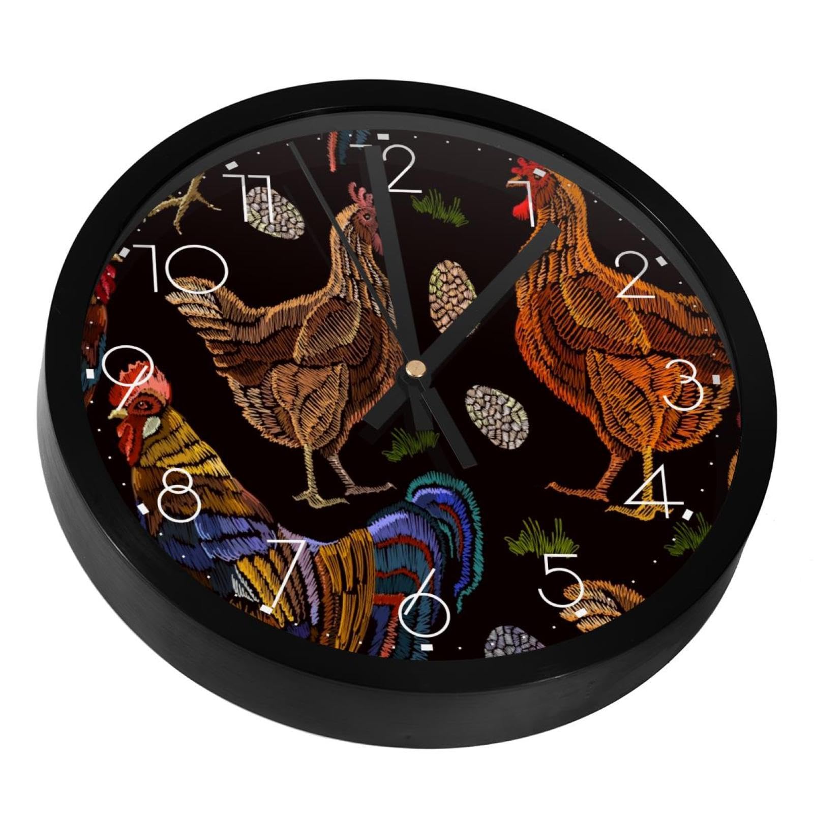 Horloge murale silencieuse à piles avec broderie traditionnelle de coq