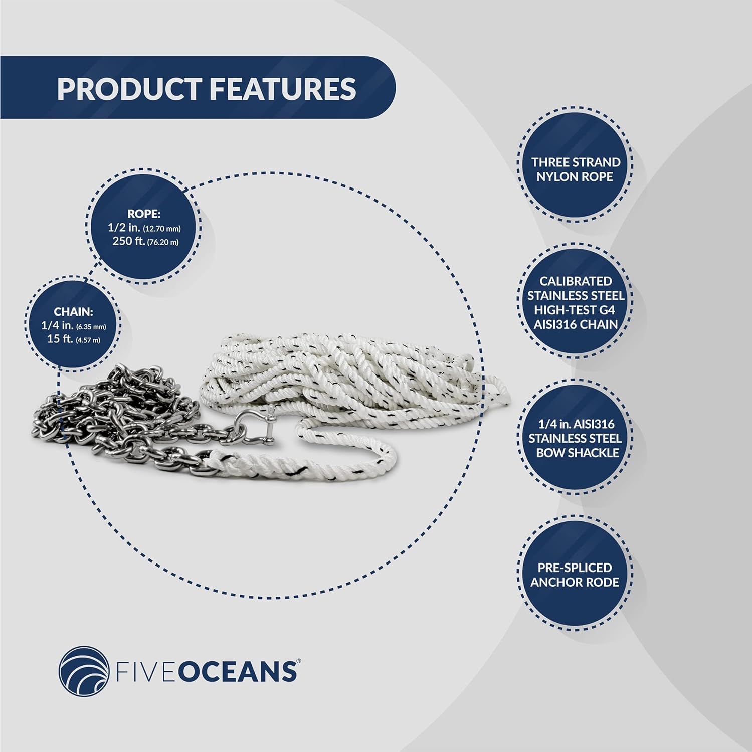 Buy Five Oceans Windlass Anchor Rode Nylon 3 Strand with Stainless