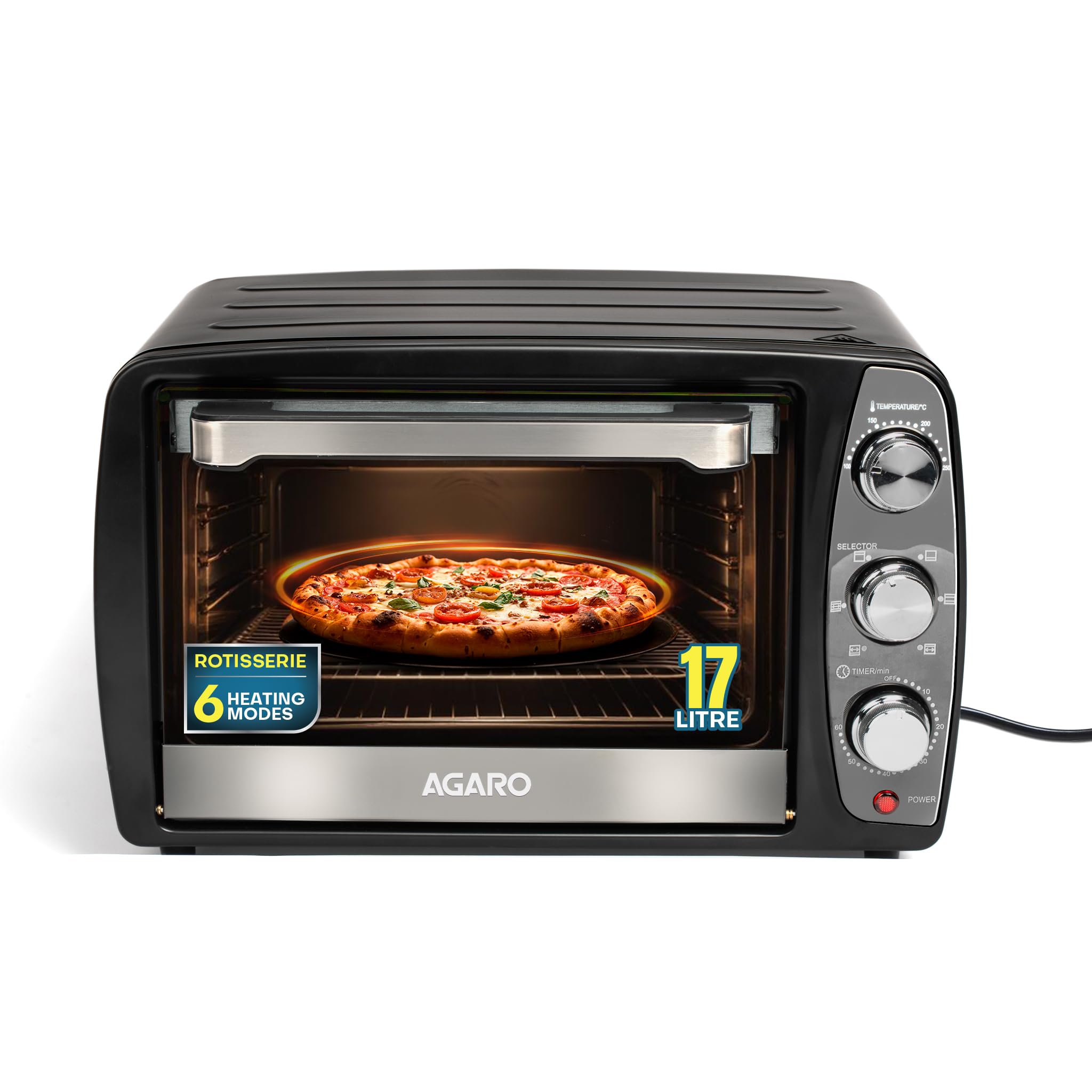 AGARO Majestic 17L OTG 1350W, with Motorized Rotisserie Baking & Grilling Accessories, Oven For Kitchen, Transparent Glass Door, Uniform Heating, Adjustable Temperature Control, 1-Year Warranty, Black