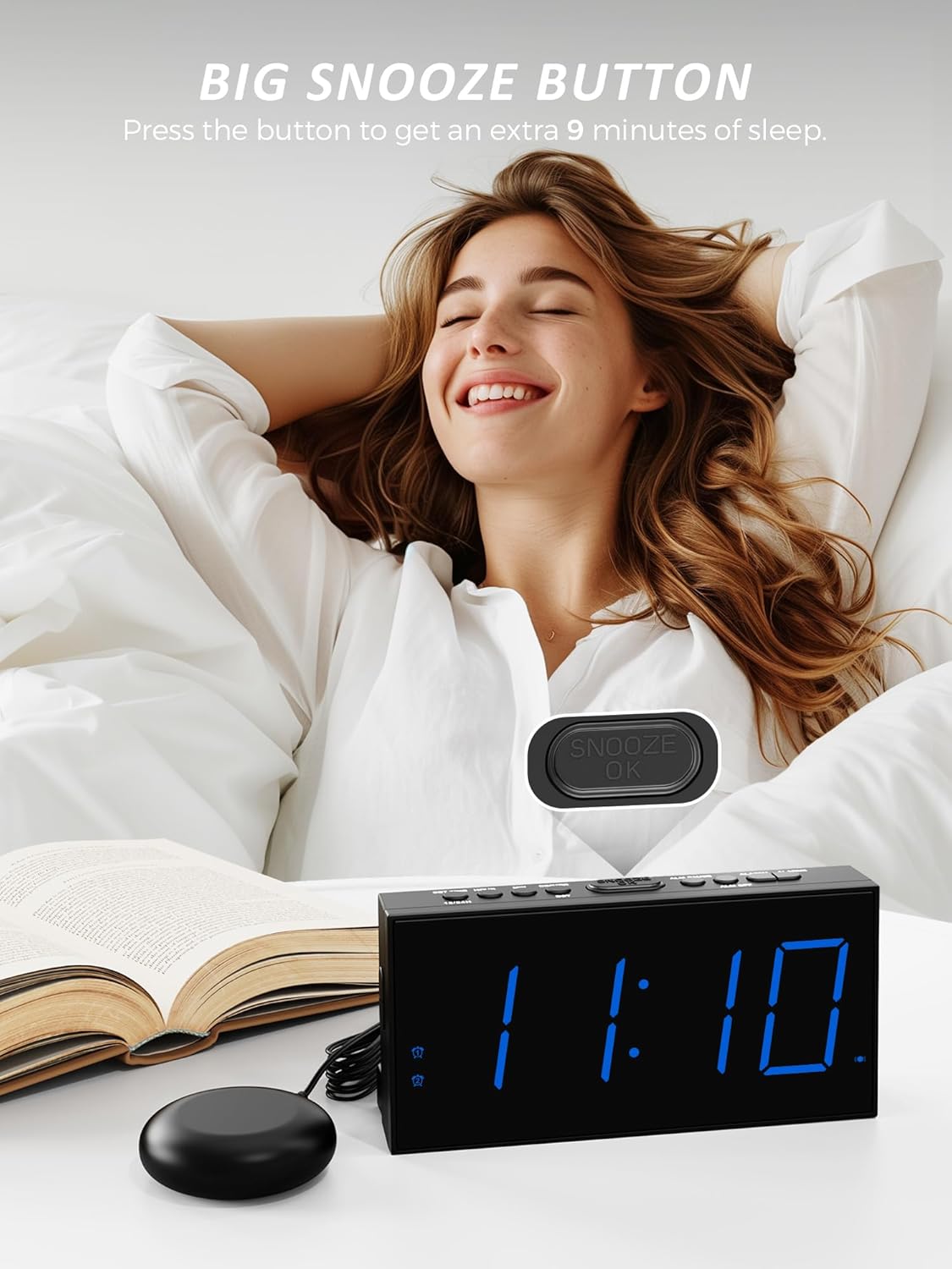 A person in bed pressing the large 'SNOOZE OK' button on the Mesqool alarm clock, with the clock displaying 11:10.