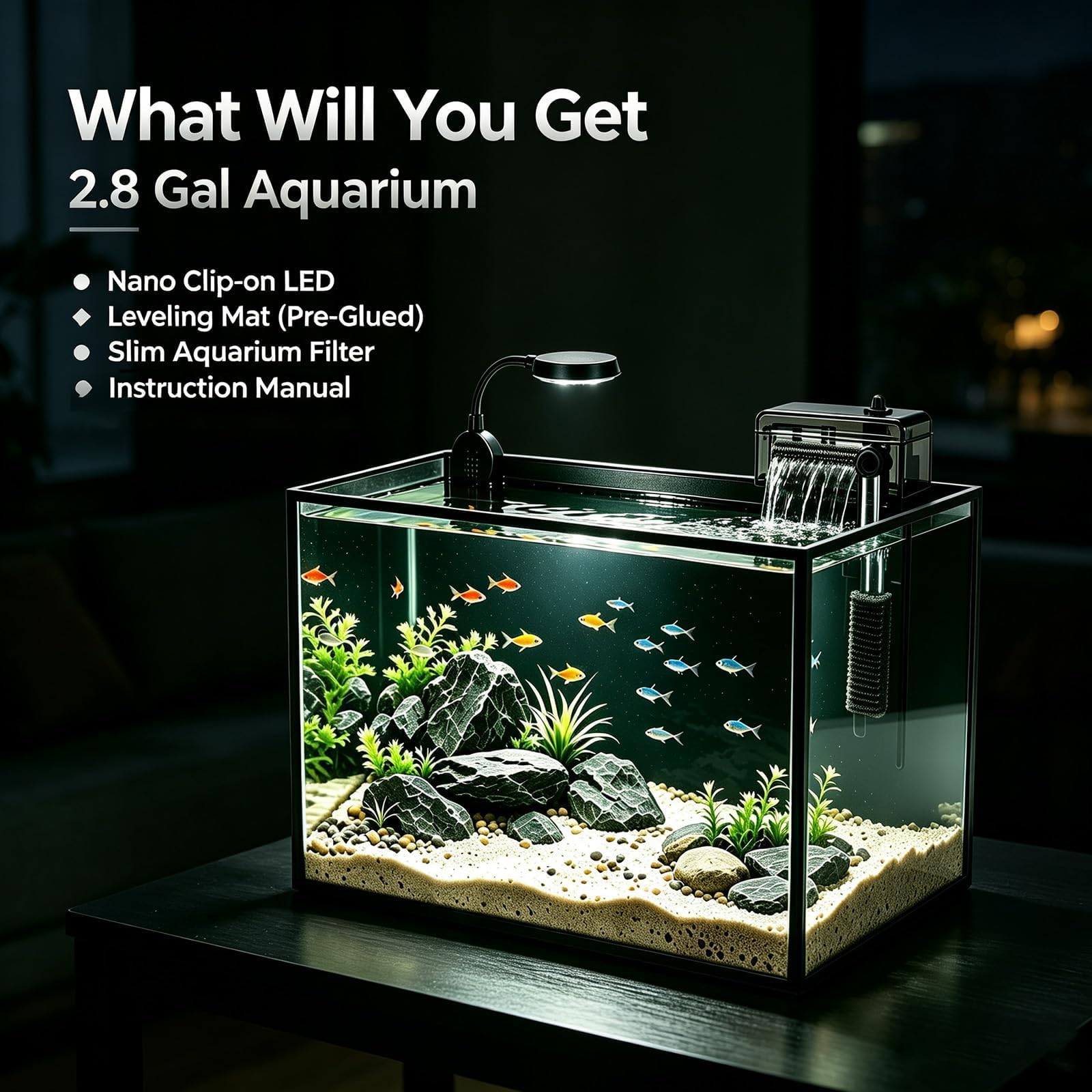 Kit acquario nano naturale da 2,8 galloni, piccolo acquario in vetro trasparente con luce e filtro, adatto per piccoli pesci, gamberetti o pesci Betta, nero.