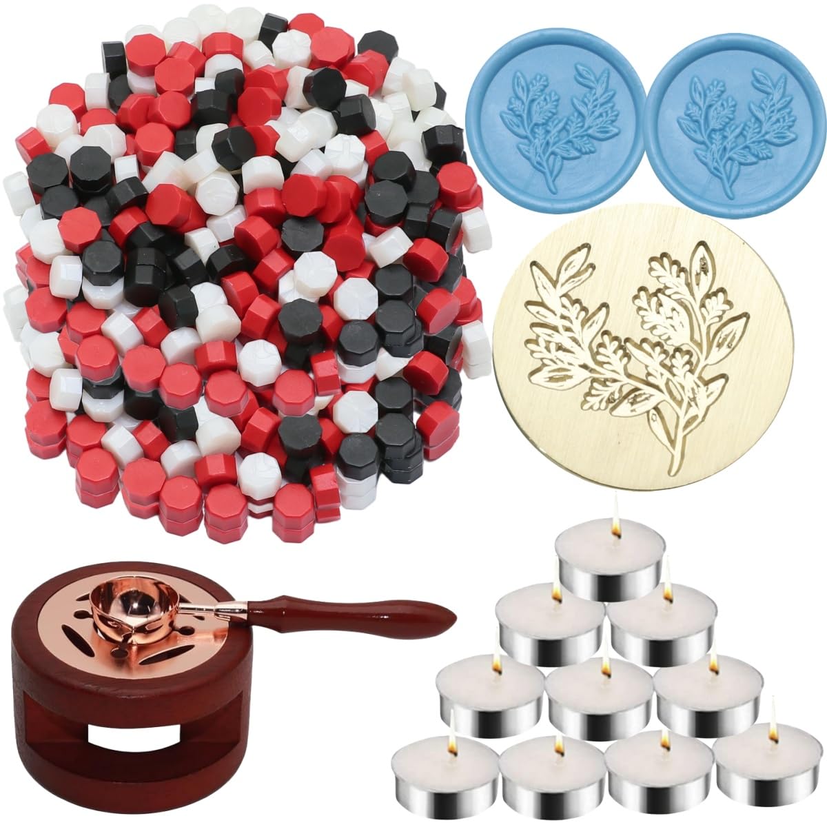 Wax Seal Stamps Kit, Atopbb 300pcs Mixed Color Sealing Wax Seal Beads, 1pcs Seal Stamps Wooden Warmer, 1pcs Melted Spoon and 10pcs Tea Candles (300, Mixed Color)