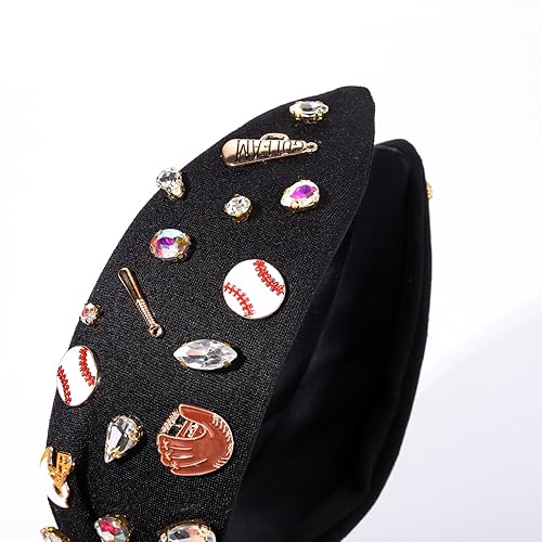 Miniatura 10 de Diadema para mujer con dijes de béisbol, diadema ancha anudada, adornos de cristal con joyas, accesorios para el día del juego, regalo divertido