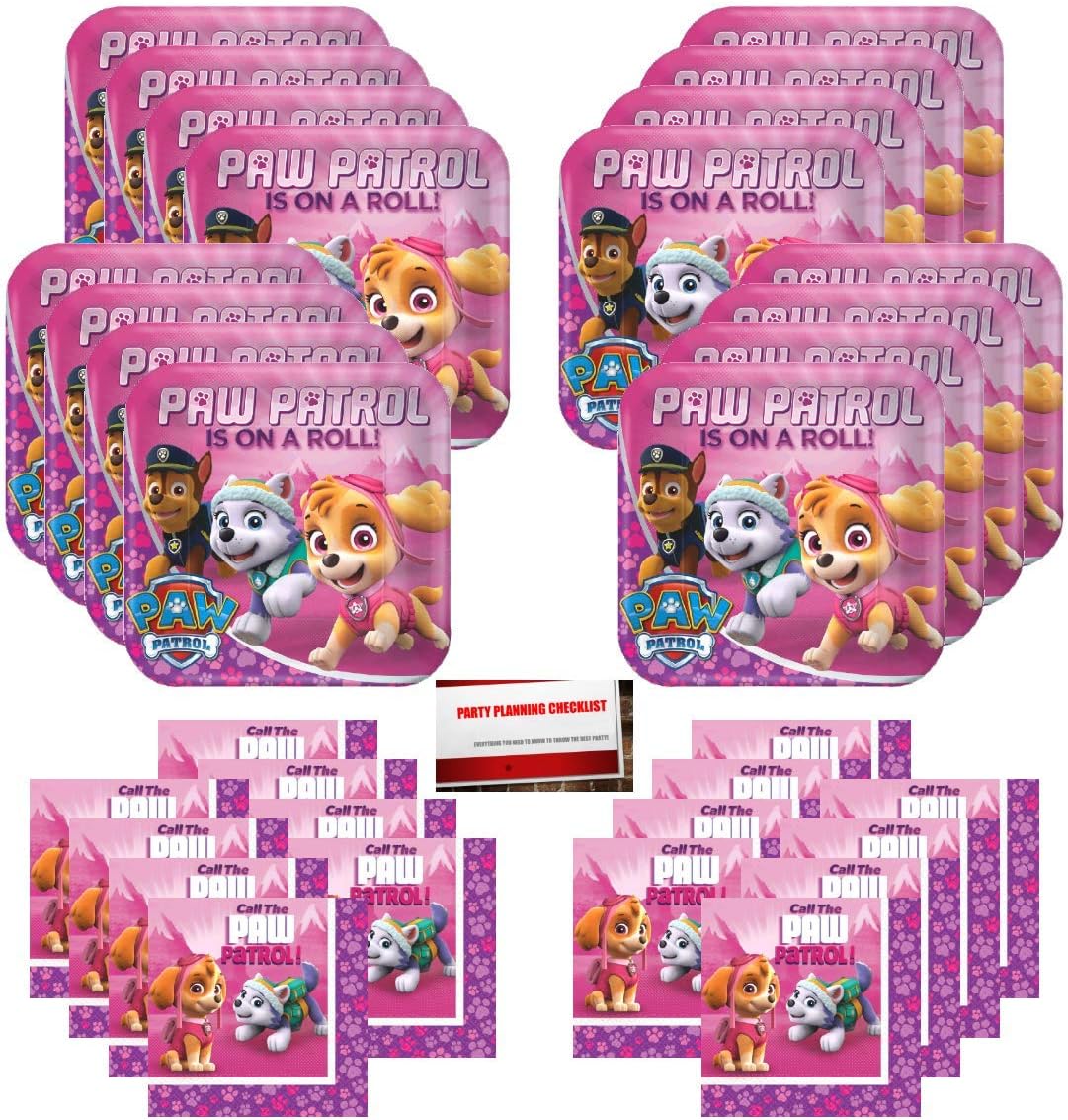 Girl Pups Paw Patrol Sky & Everest Party Supplies Bundle Pack for 16 guests (Bonus 17 Inch Balloon Plus Party Planning Checklist by Mikes Super Store)