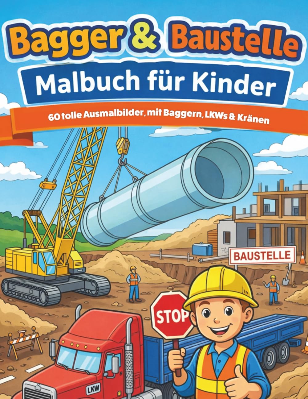 Bagger & Baustelle - Malbuch für Kinder: 60 spannende Ausmalbilder rund um Baumaschinen und Baustellenfahrzeuge