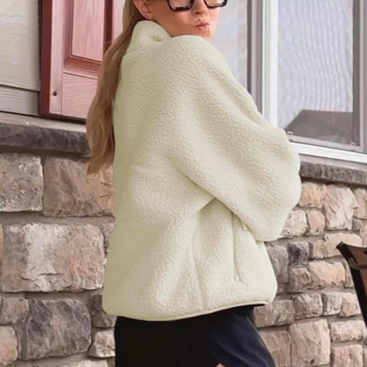 Hixiaohe Womens Fuzzy Fleece Jacket Fall Winter Warm Long Sleeve Sherpa Coats Casual Full Zip Up Outerwear with Pockets - Image 7