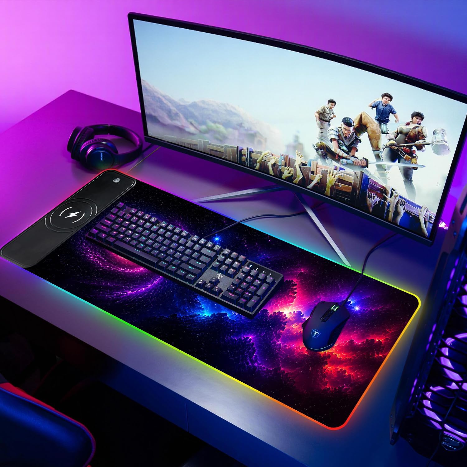 Tappetino per mouse con supporto per telefono, 80 x 30 cm, wireless, Qi a ricarica rapida, tappetino per mouse RGB da gioco per casa e ufficio, grande tappetino da scrivania con superficie ultra