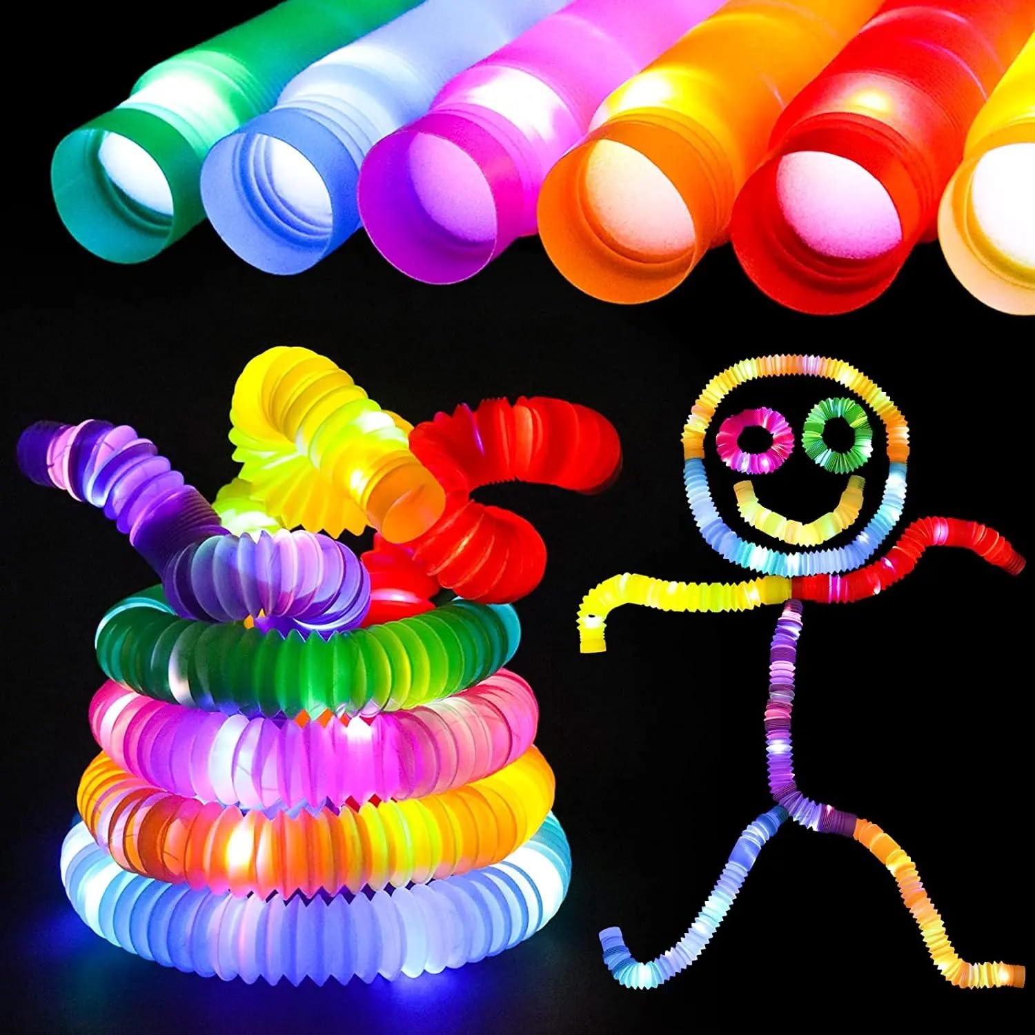 VGRASSP LED Light Push and Pull Pipe Tube Toy for Kids, Toddlers - Stretch and Bend Into Your Own Way - Smooth Sensory Fidget Toy - Multicolor (Color As Per Stock) (Pack of 12)