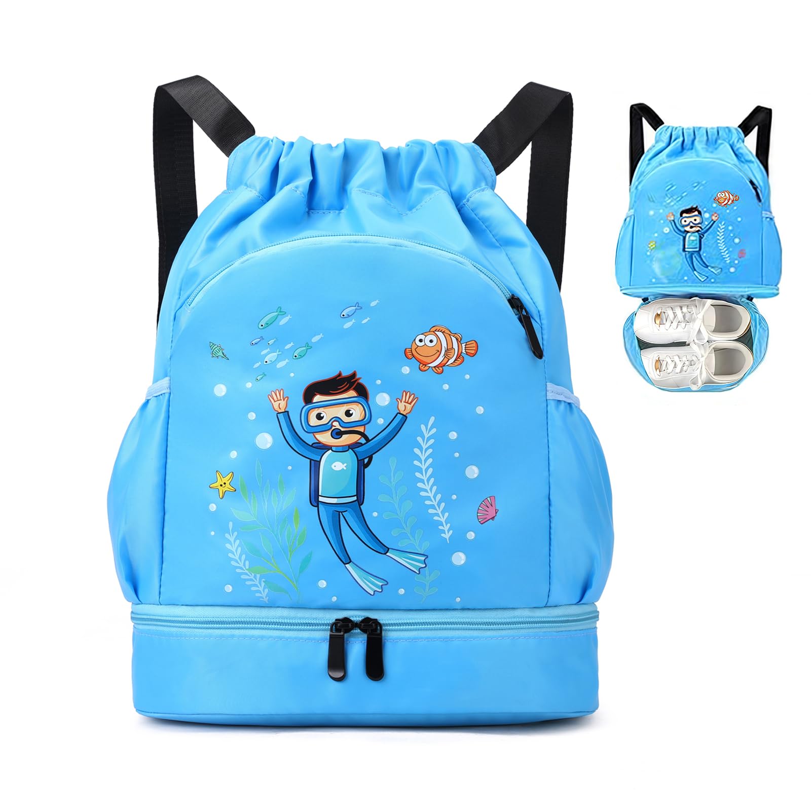 Bolsa de Gimnasio Impermeable Mochila con Cordón para Niño Gran Capacidad Azul