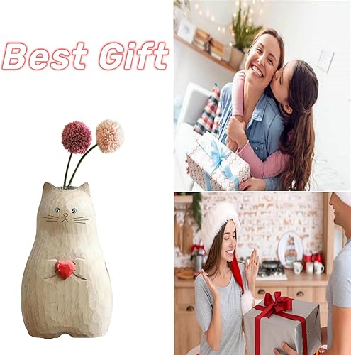 Miniatura 7 de Febohao Jarrón de flores de estatua de gato, decoración de madera maciza hecha a mano, moderno y minimalista, florero de corazón, alto para el