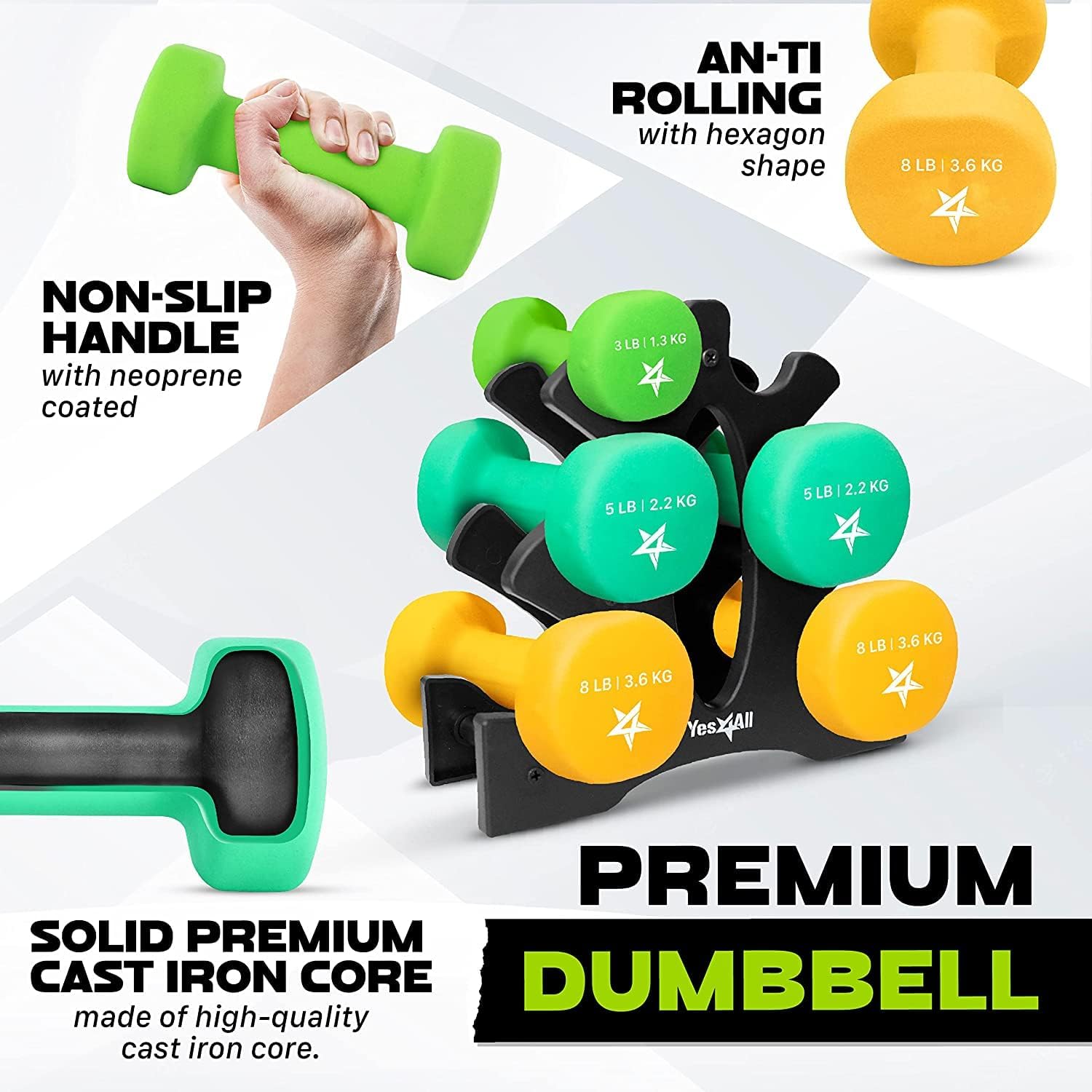 Dumbbell Neoprene 3-5-8lb pair + Metal Rack