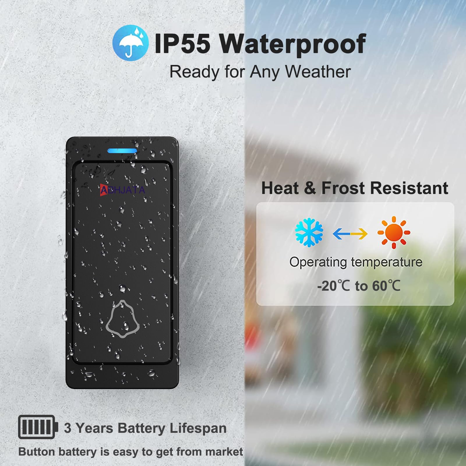 ABHJATA Door Bell, 1000ft/300m Long Range Wireless Doorbell for Home, IP55 Waterproof Push Button, 2 Push Buttons & 1 Plug-in Receiver (Indian Plug), 32 Chimes, 5-Level Volume, LED Indicator, Black 2