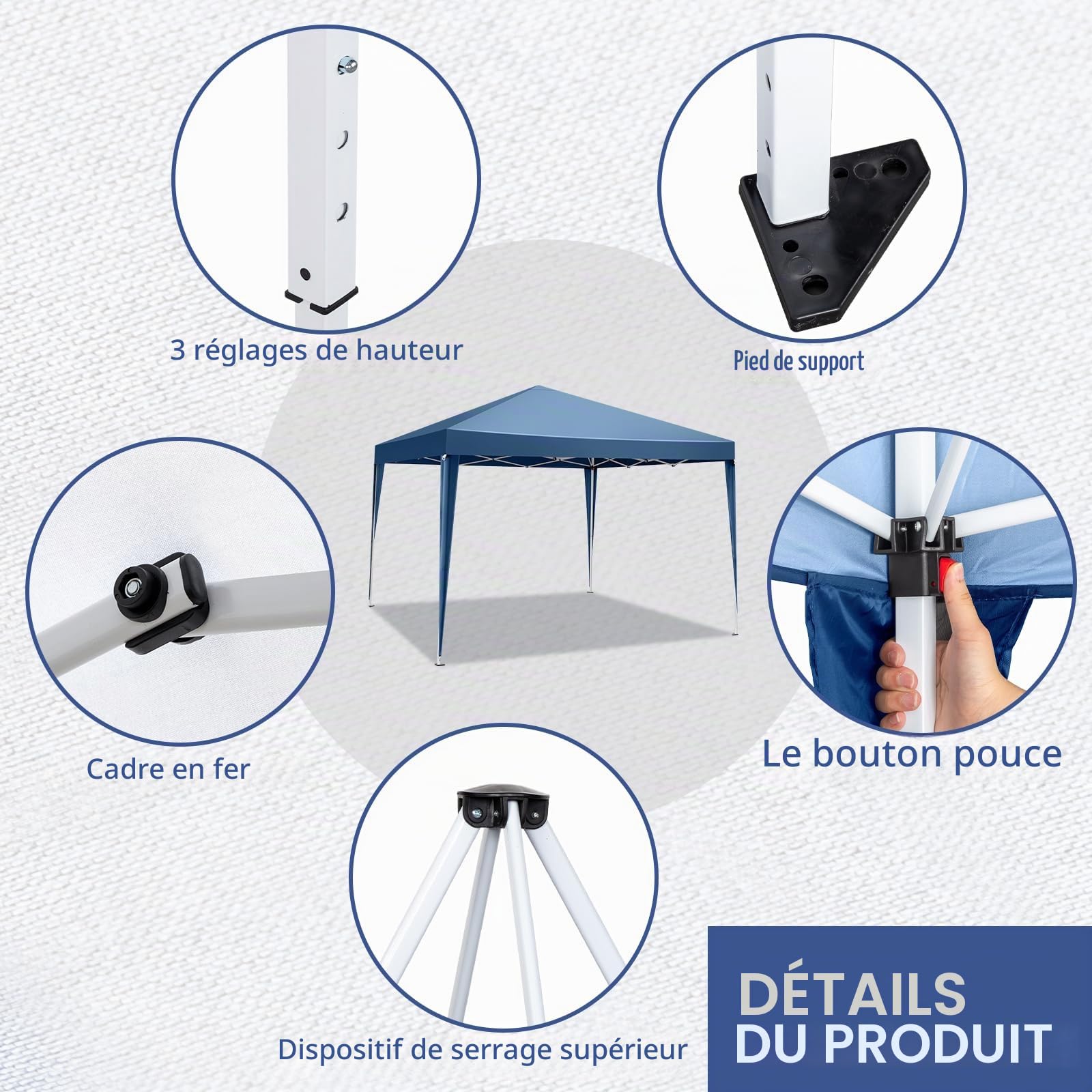 Tonnelle Pliante 3x3 m, Imperméable & Résistante,UV 50+ – Tissu Oxford 420D,Réglable en Hauteur,pour Jardin, Camping & Événements，Bleu