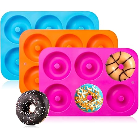 Gezan 3-Pack Silicone Donut Baking Pan of 100% Nonstick Silicone. BPA Free Mold Sheet Tray. Makes Perfect 3 Inch Donuts. Tray Measures 10x7 Inches. Easy Clean, Dishwasher Microwave Safe