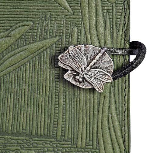 Miniatura 3 de Funda de cuero genuino recargable para diario con un inserto en blanco rígido, 6 x 9 pulgadas, estanque de libélulas, helecho con botón de peltre,