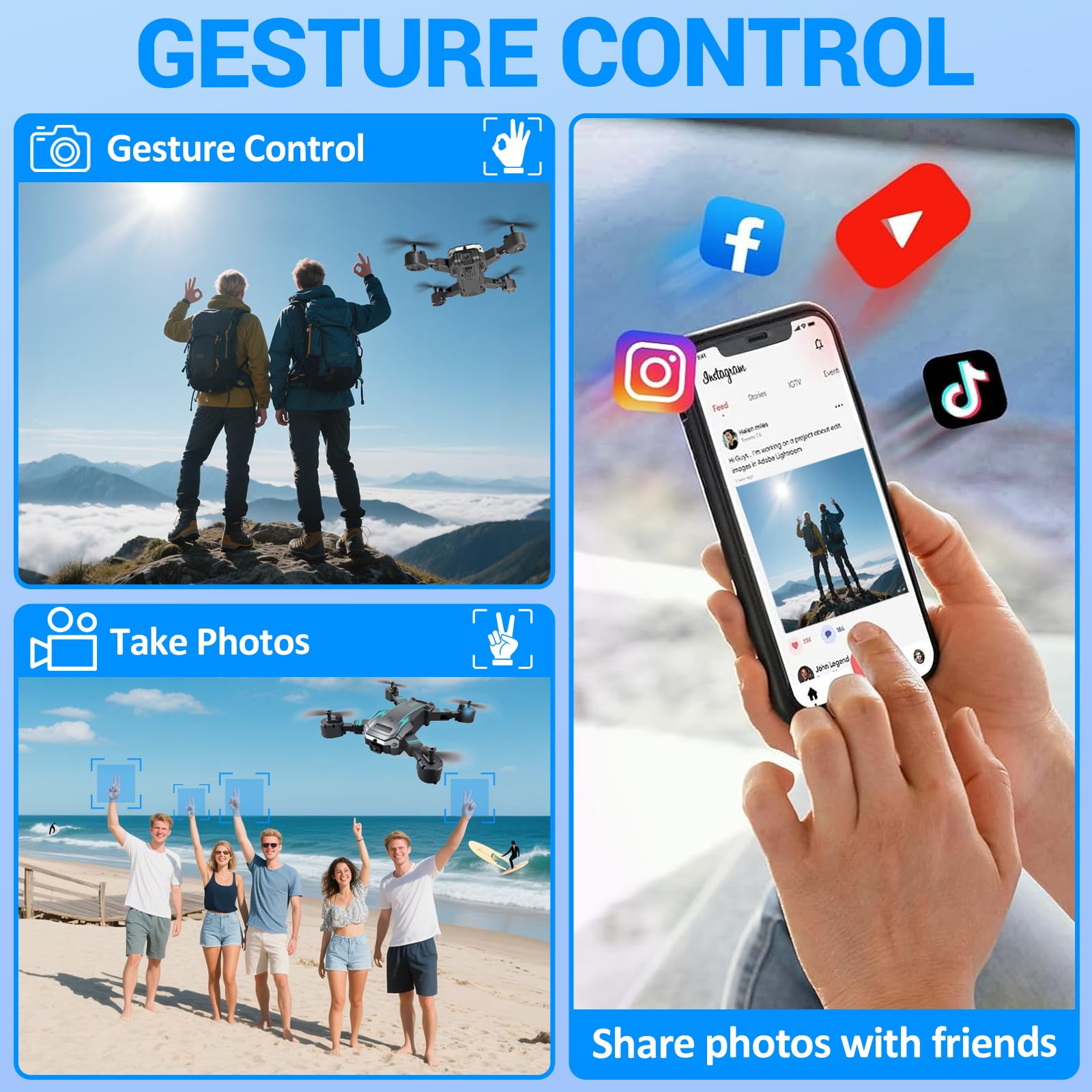 Drone con Doppia Camera HD per Principianti, Drone Pieghevole per Bambini, 3D Flip, Decollo/Atterraggio 1 Tasto, Modalità Headless, Volo a Waypoint, per Bambini o Novizi, 2 Batterie