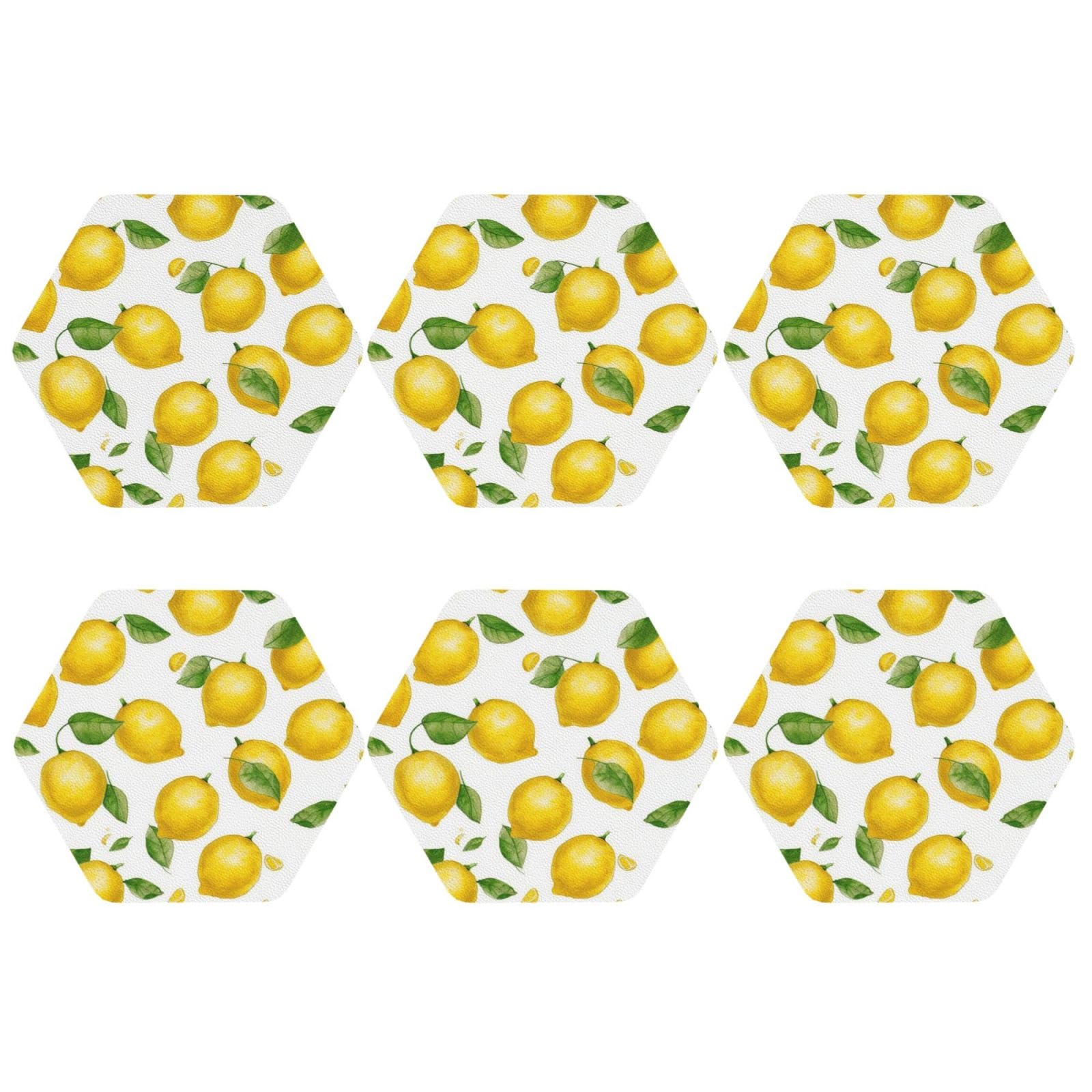 6pcs Leather Coasters for Drinks, Yellow Lemon Drink Coasters for Tabletop Protection, 4" Cup Coasters for Coffee Table Decor, Non-Slip Drinking Cup Mat for Hot Or Cold Drink