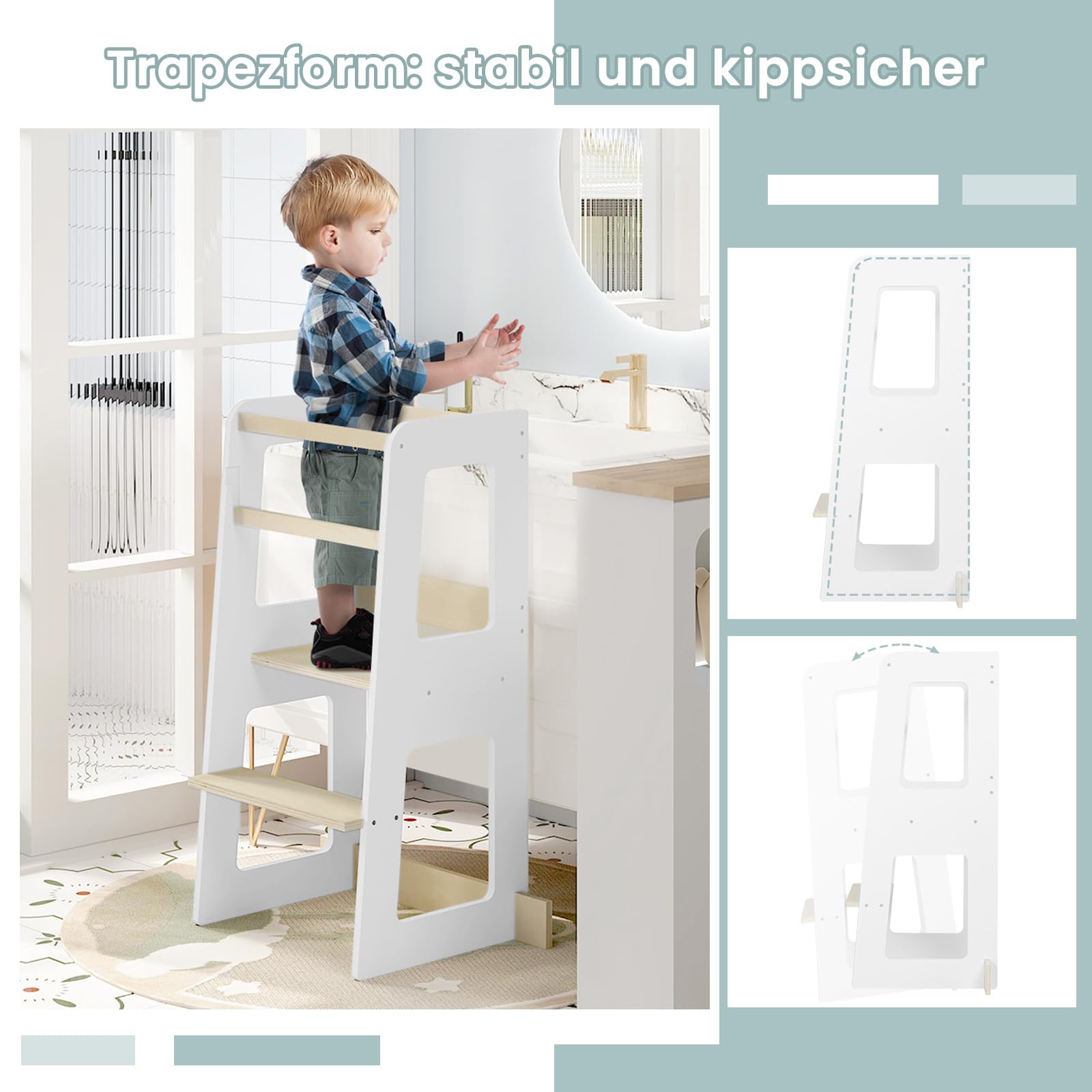 WOLTU Lernturm für Kinder ab 1 Jahr, mit Rausfallschutz, Montessori Learning Tower, Entdeckerturm Küchenhelfer Tritthocker, aus Massivholz MDF, bis 50 kg belastbar, Weiß Holzfarbe