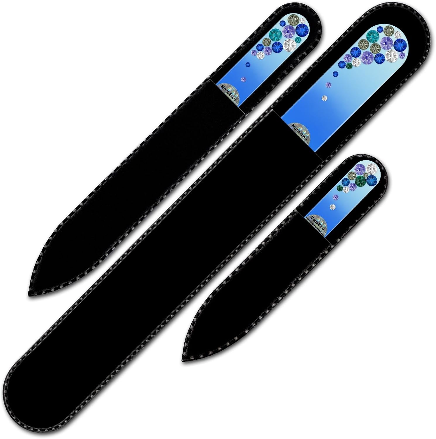 Mont Bleu Set of 3 Glass Nail Files Hand Decorated with Crystals - Handmade Gifts - Czech Tempered Glass - Enjoy a Professional Smooth Finish - Washable Nail Files