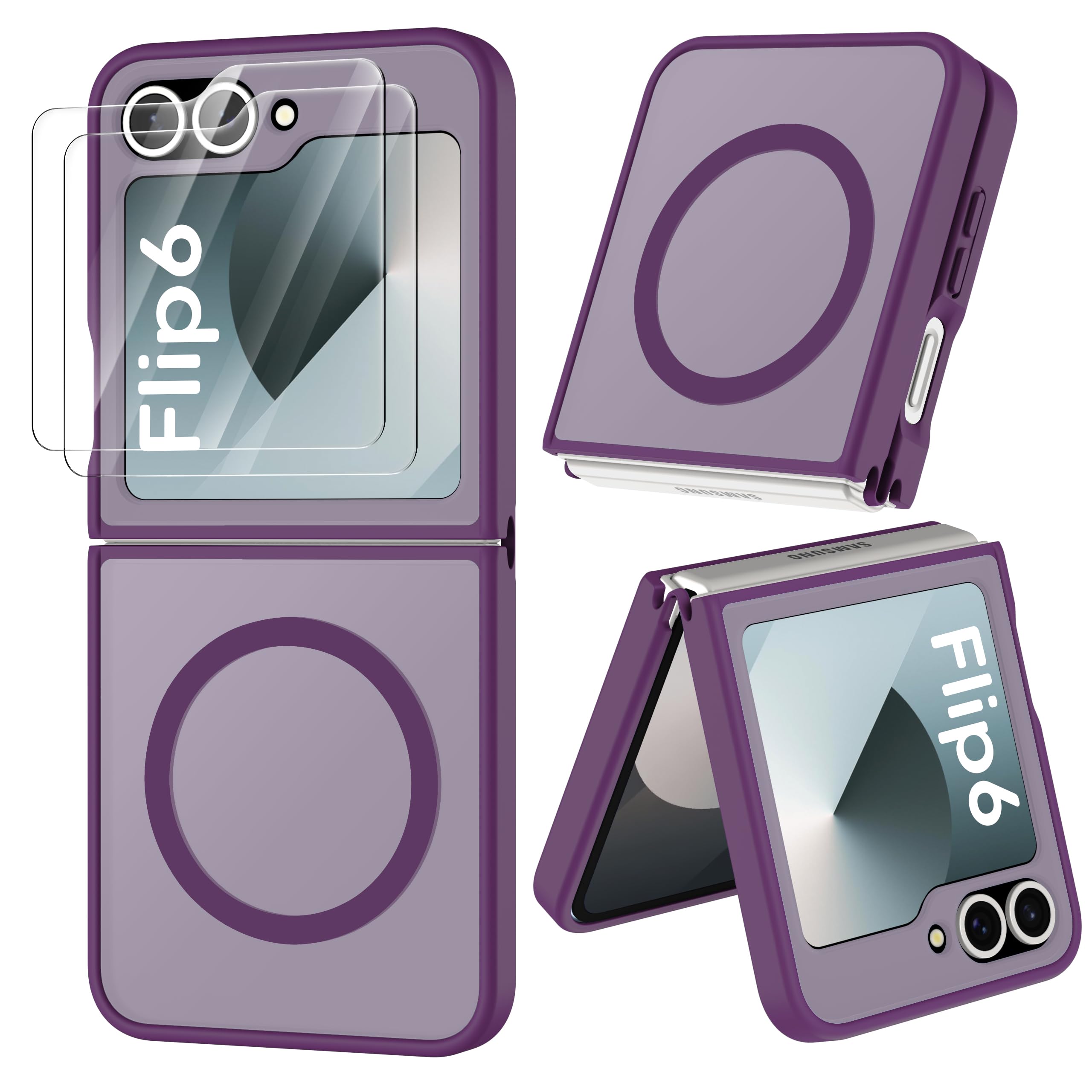 ORETECH Magnetic for Samsung Galaxy Z Flip 7 FE Case Galaxy Z Flip 6, with [2 x Screen Protector] Translucent Back Non-Slip Shockproof Bumper Case for