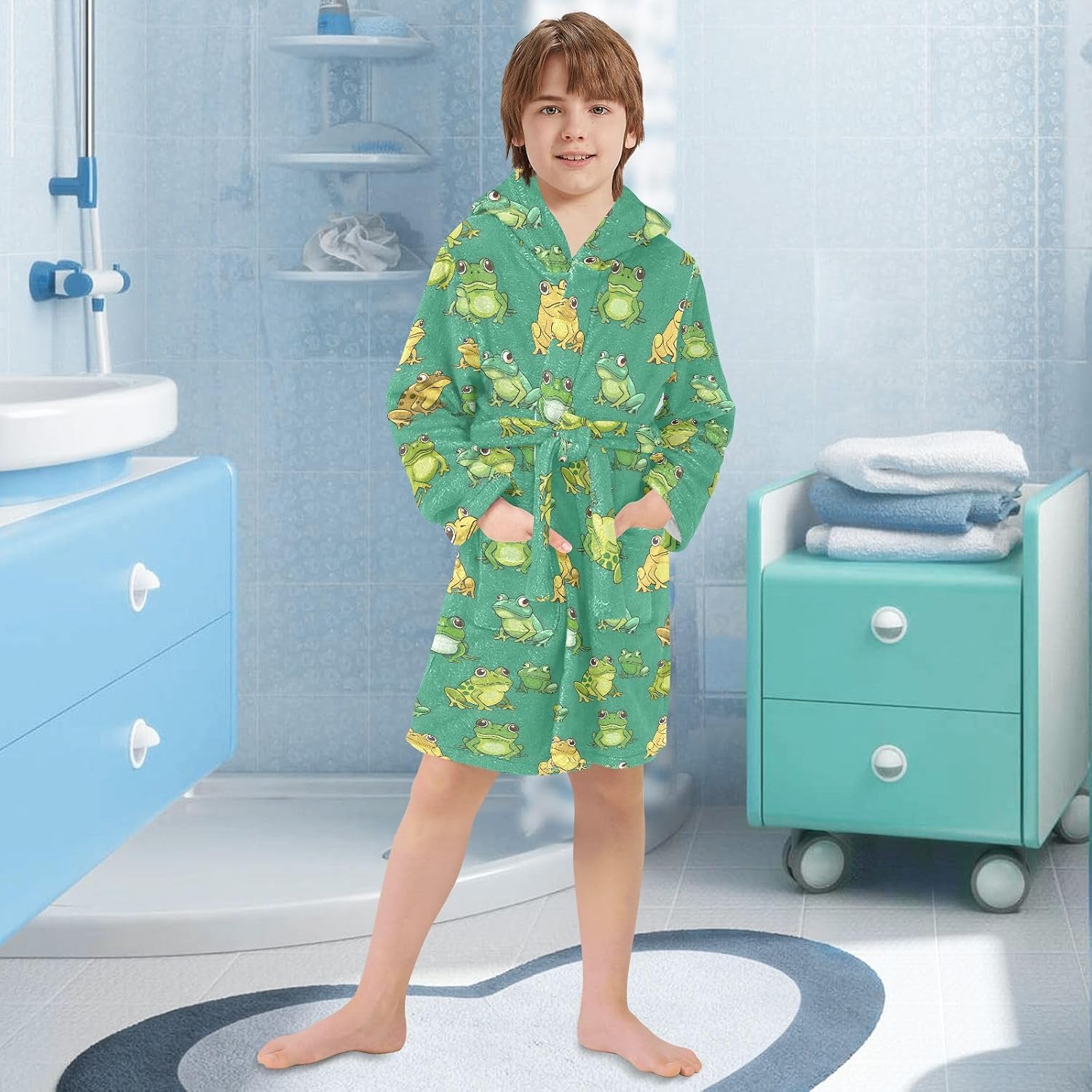senya Cartoon Frogs Green Toddler Hooded Bathrobe Kids Soft Plush Bath Towel Robes for Boys Girls 2-12 Years