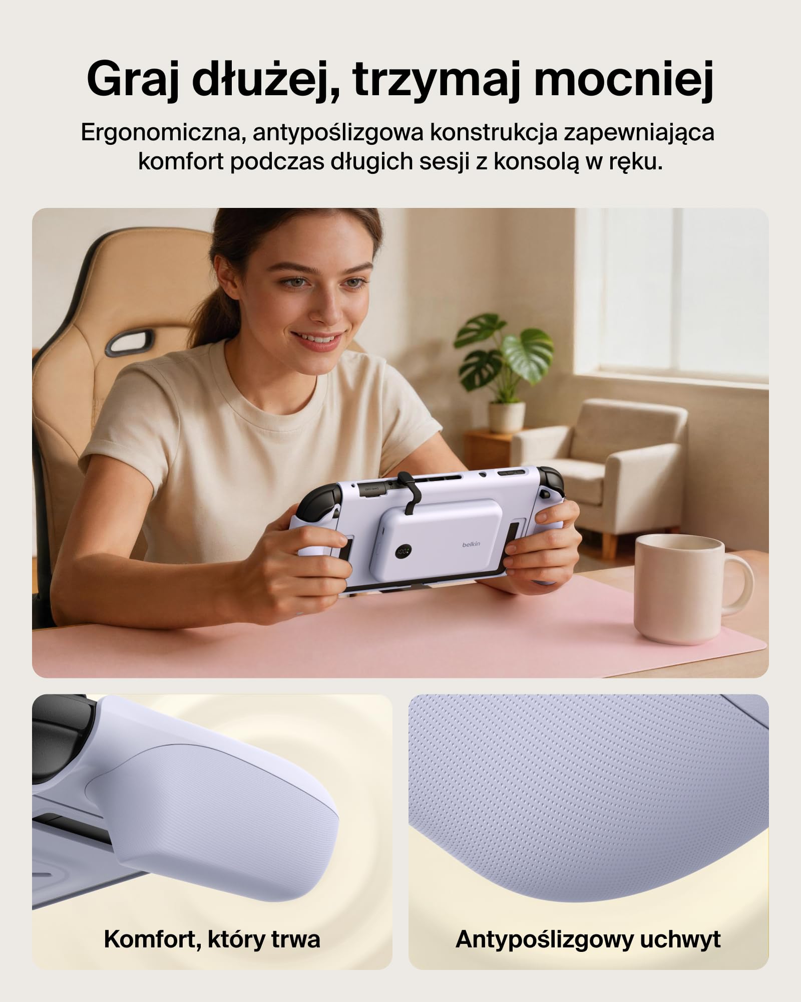 Belkin Gaming Uchwyt Ładujący do Nintendo Switch 2, 10 000 mAh – Fioletowy | Odłączany Powerbank Magnetyczny 10 000 mAh, 30 W, Zgodny z Podpórką, Ergonomiczny Uchwyt Antypoślizgowy, Wyświetlacz