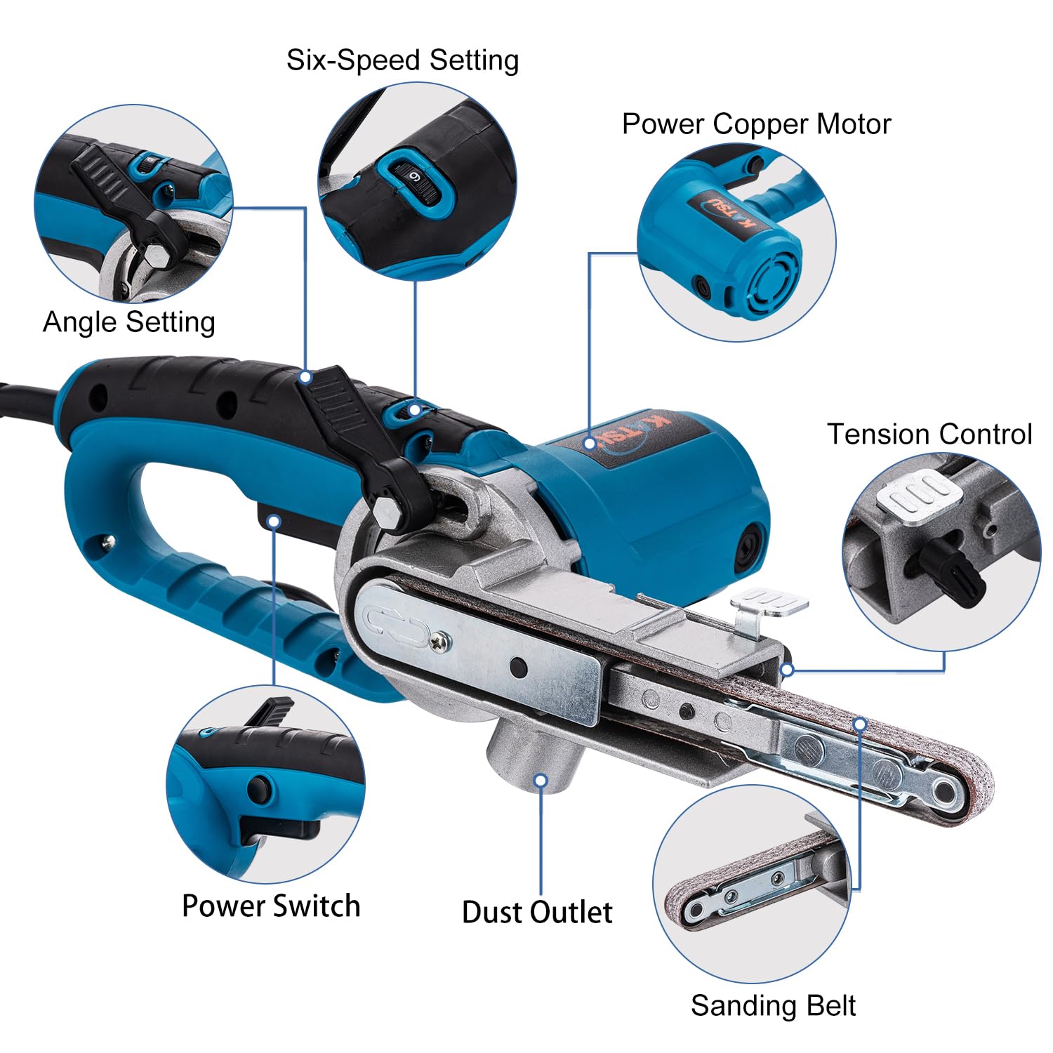 KATSU Tools Levigatrice a nastro elettrica 400 W, levigatura e lucidatura, include nastri abrasivi e sacchetto polvere