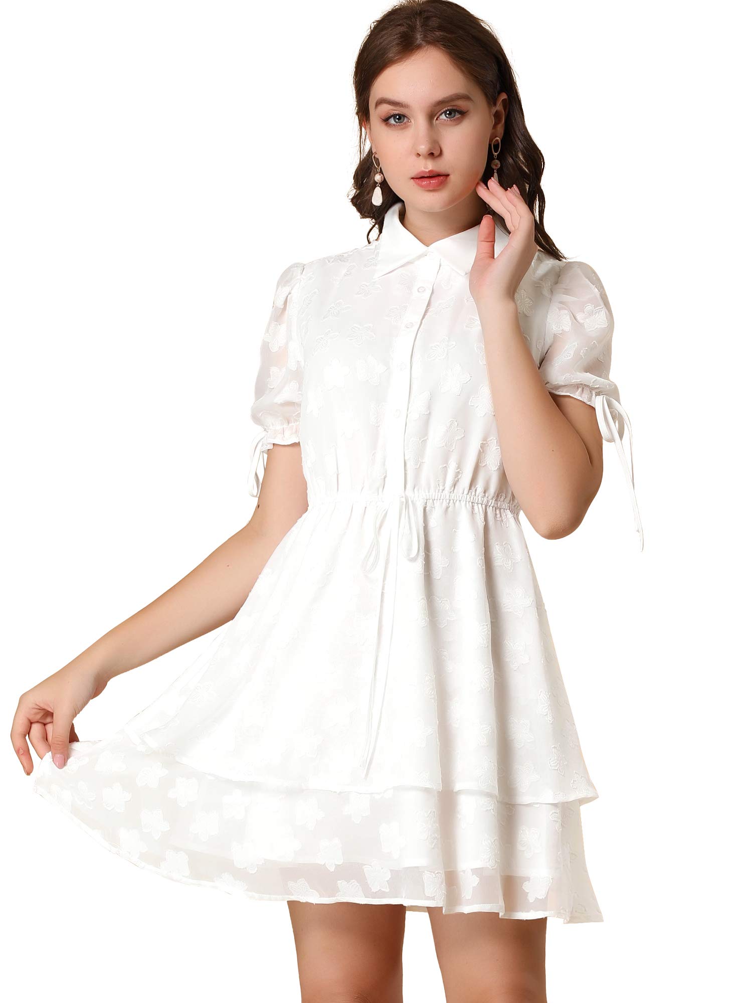 Women's Halloween Gothic Peter Pan Collar Floral Drawstring Layered Chiffon Dress