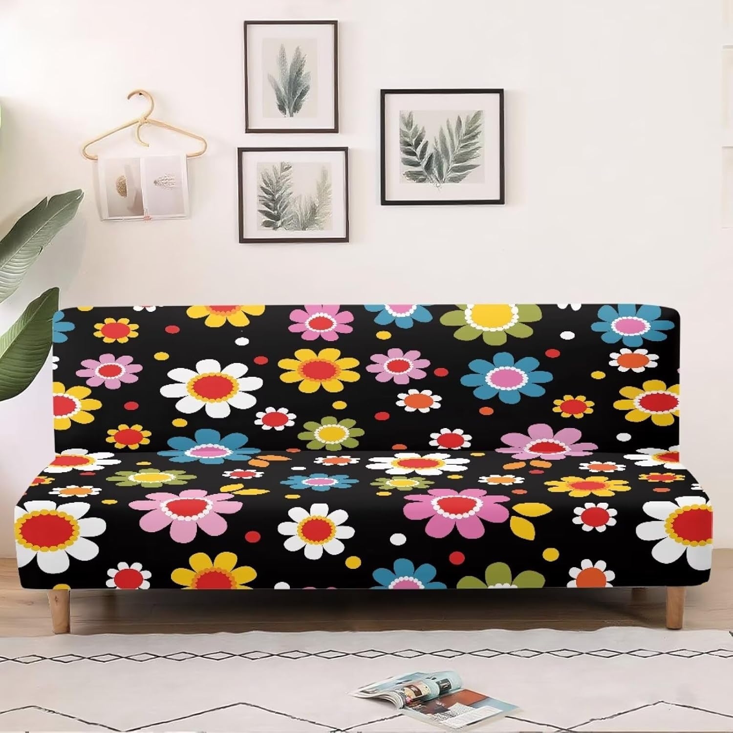 Armless Sofa Couch Loveseat Protector Slipcovers with Elastic Bands, Stretch Futon Covers for Living Room Bedroom Furniture Protector Colorful Hippie Daisy Flowers