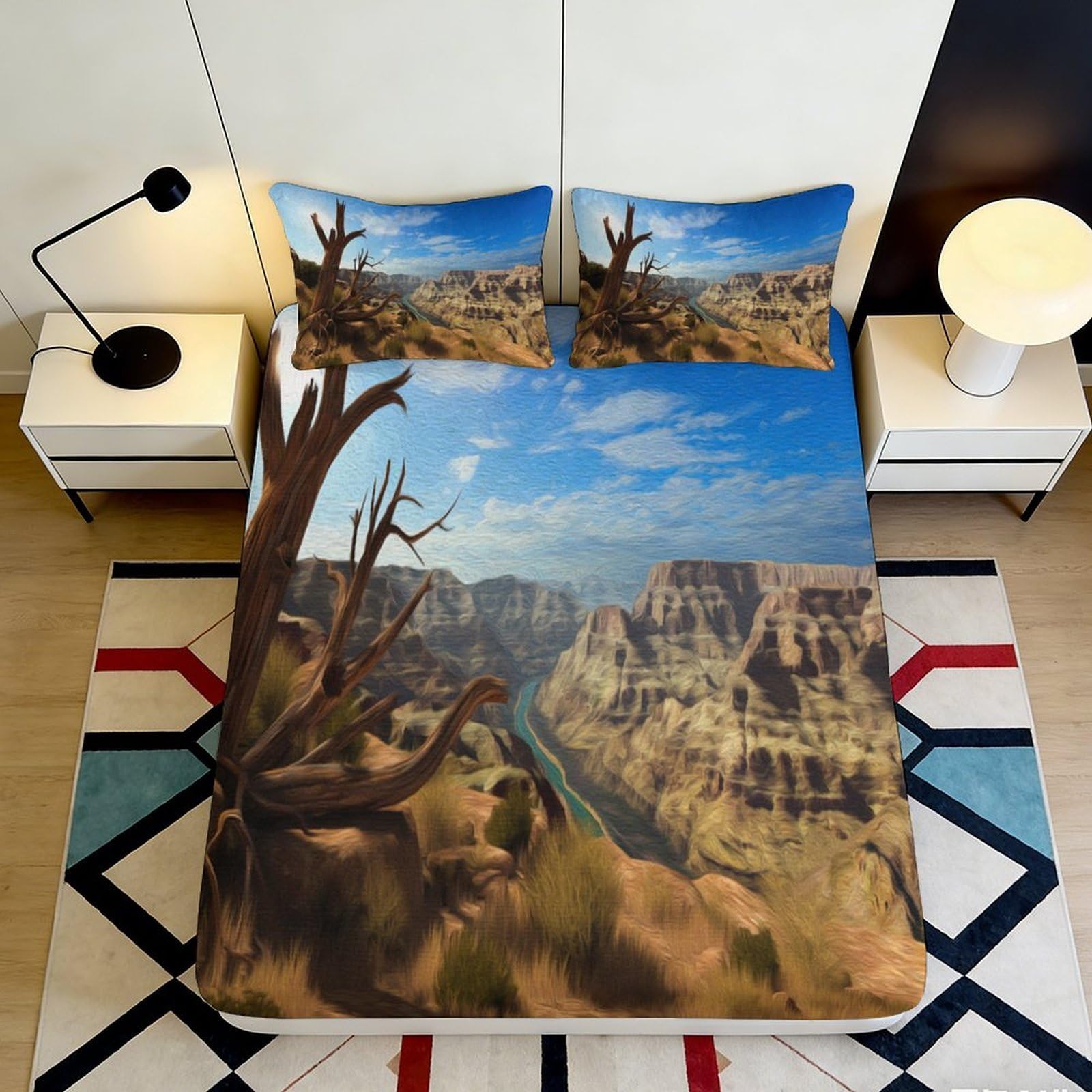 3D Printed Grand Canyon Landscape Fitted Sheet Microfiber Soft Breathable River View Bed Cover for Bedroom Guest Room Decor 180x200x25cm